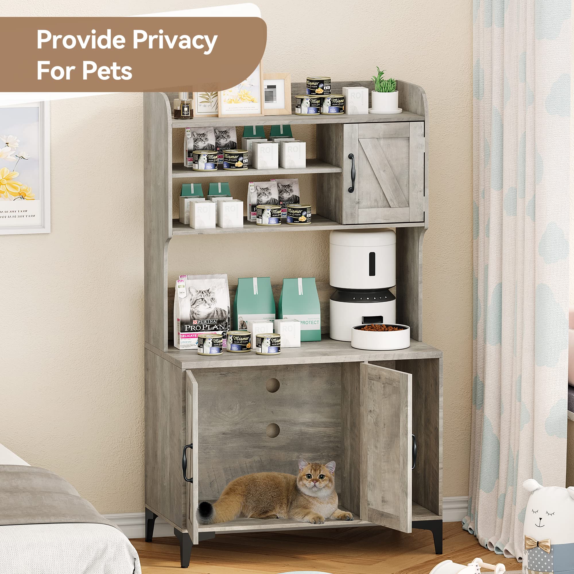 Garvee Cat Litter Box Enclosure, Modern Hidden Cat Litter Box Furniture with 4-Tier Storage Shelves, 2 Cabinets, Cat Litter Mat, Large Wood Indoor Cat House Furniture for Home, Grey