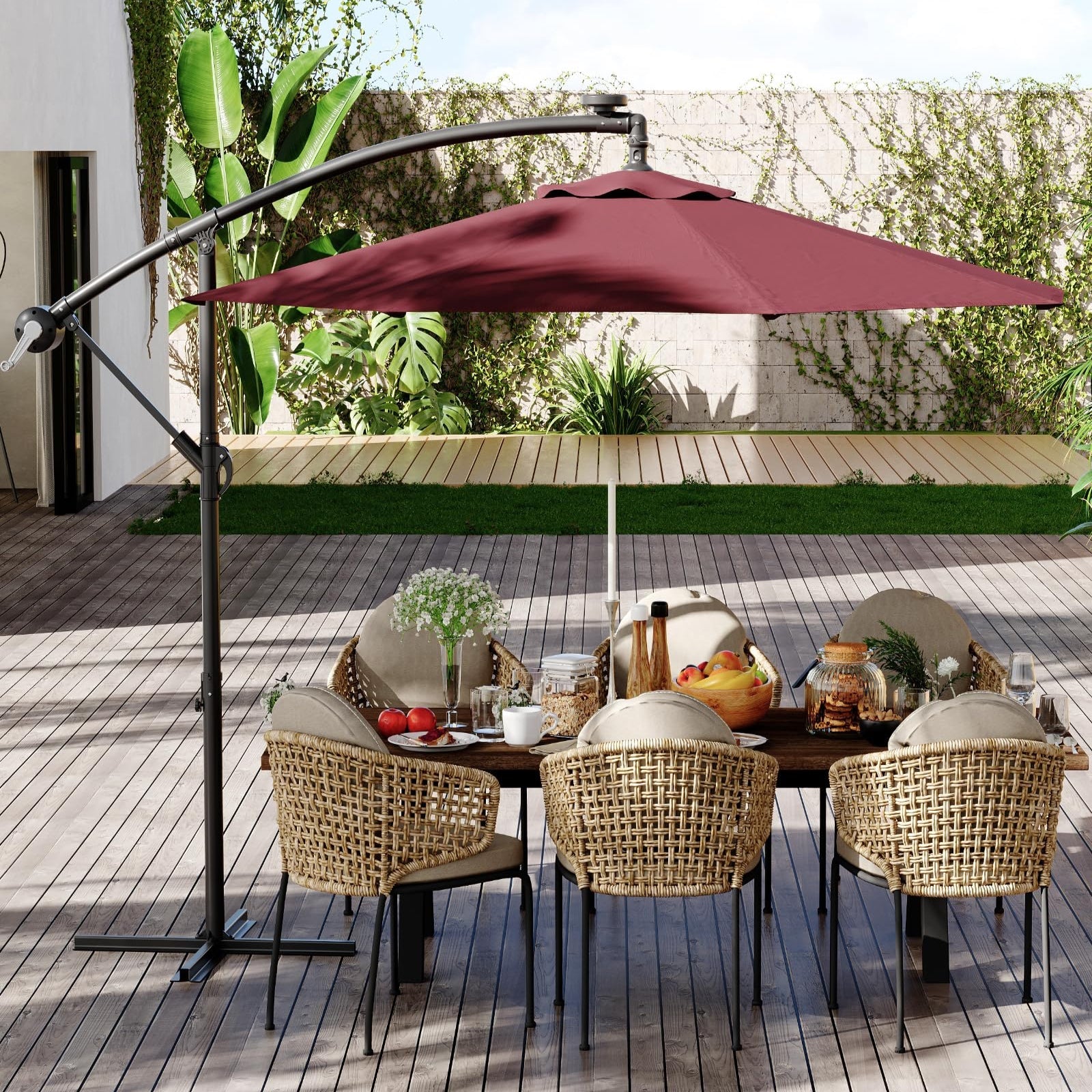 Garvee 10' Cantilever Umbrella with 360 Rotating Base, UV Protection Offset Patio Umbrella 12 Ribs Outdoor Sun Shade with Easy Tilt Adjustment for Backyard, Lawn, Garden, Wine Red