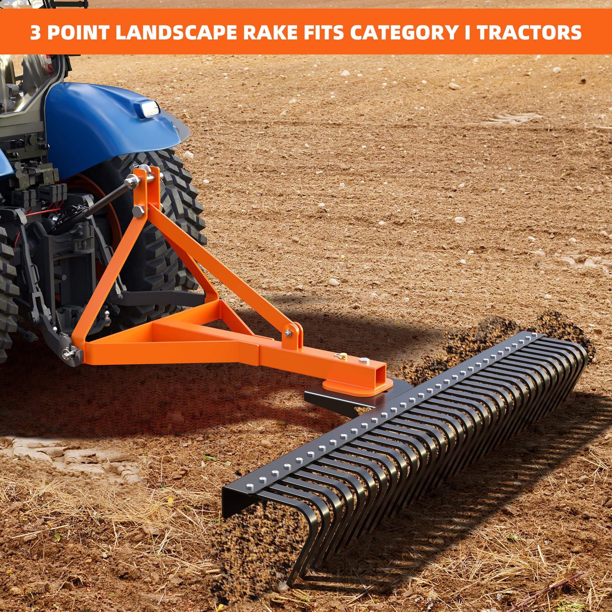 Garvee 3 Point 5 FT Landscape Rake, 60" Width 3 Point Rock Rake Tow-Behind Garden Tool for Compact Tractors, Fits Category 1 Hookup, 360 Degree Rotation Lawn Rake