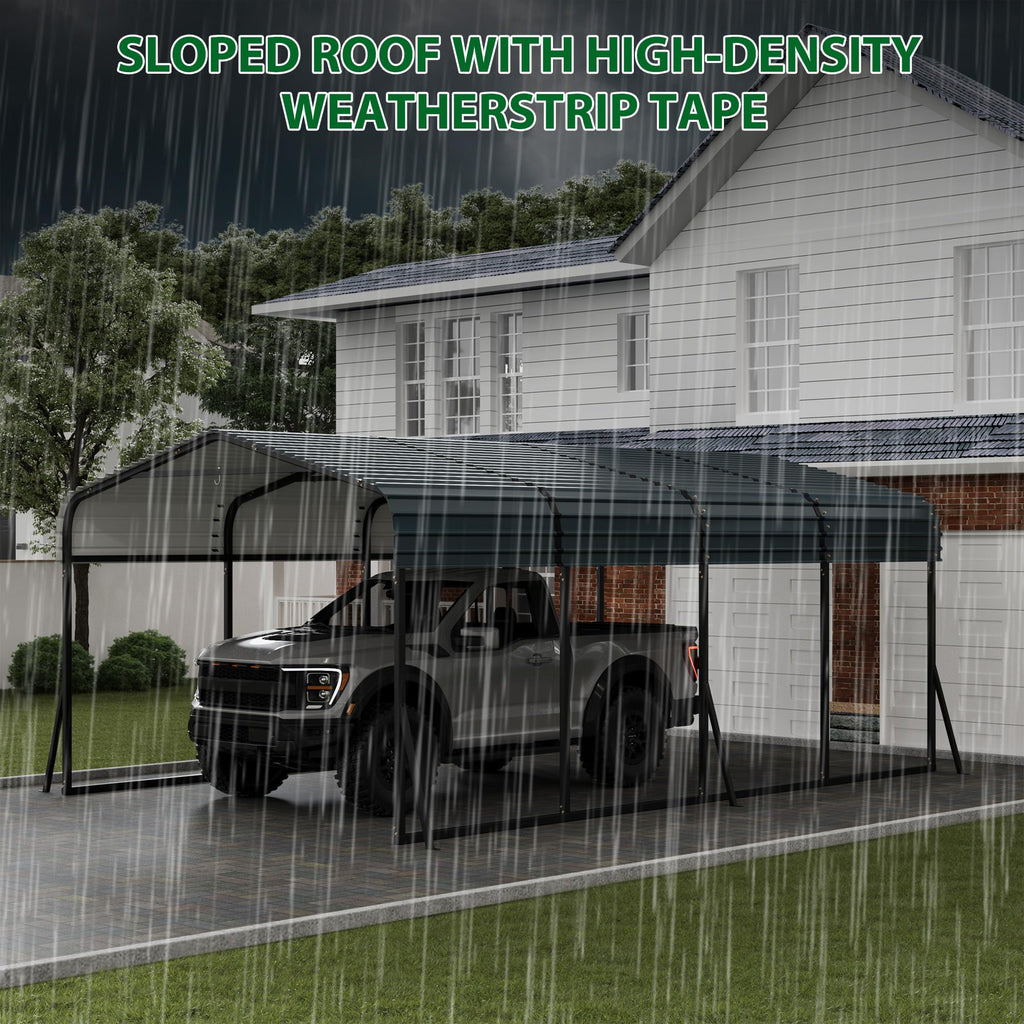 Garvee 12' × 20' Metal Carport, Galvanized Steel Roof Outdoor Shelter with Powder-Coated Frame, Anchors & 6 Support Rods, Dark Grey