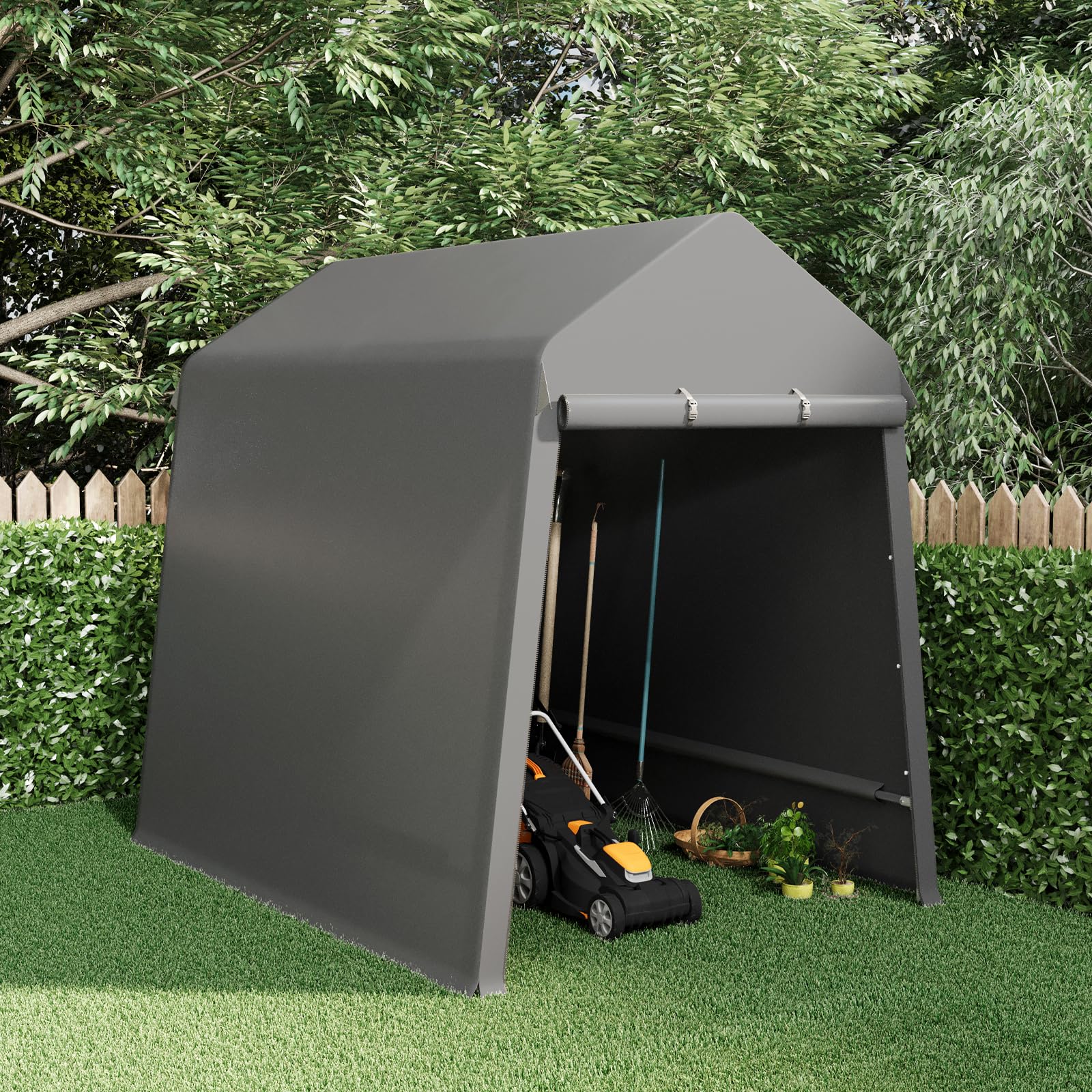 Garvee 6X8FT Heavy Duty Outdoor Shed,Portable Storage Shed,with 2 Rolled Up Zipper Doors,Vents Carports & Waterproof Cover Temporary Shelter for Motorcycle,Gardening Tools and Generator(Grey)