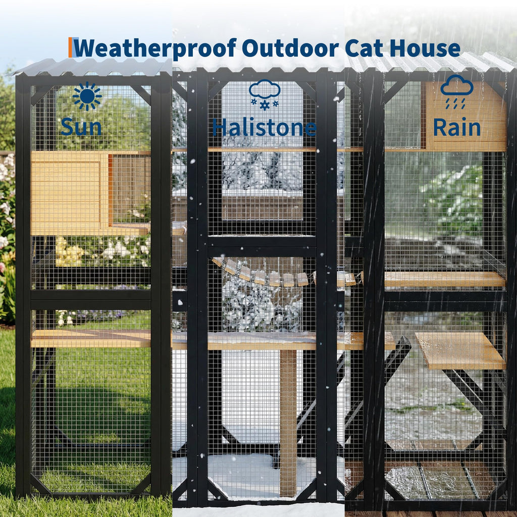Garvee Outdoor Catio For Indoor Cats, Weatherproof Wooden Kitty Enclosure With Elevated Platform, Yard And Patio Use, Black