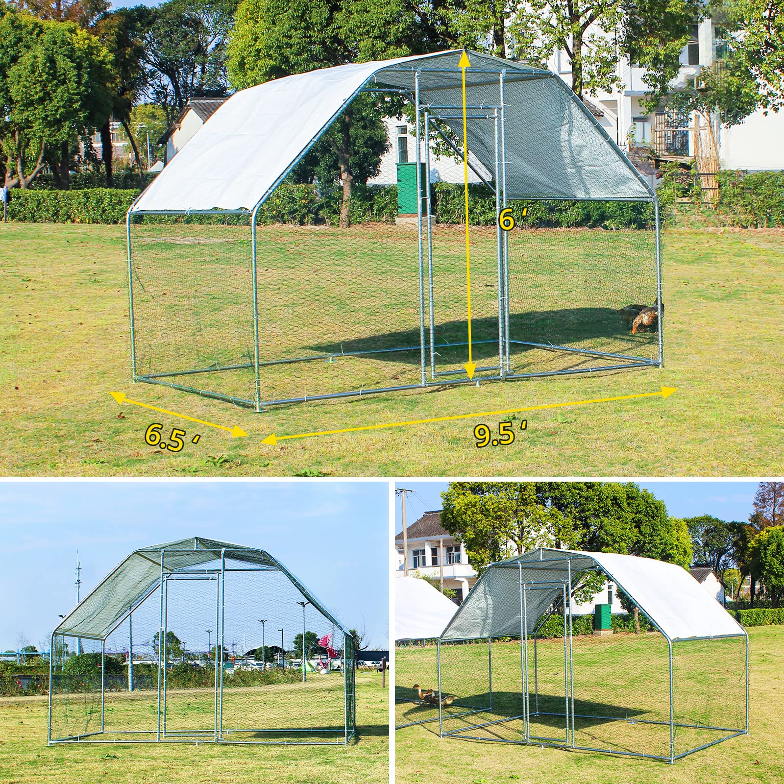 Garvee Large Walk-In Chicken Coop - 9.5'x6.5'x6' Galvanized Metal Poultry Cage w/Waterproof UV Cover for Hens, Ducks, Rabbits