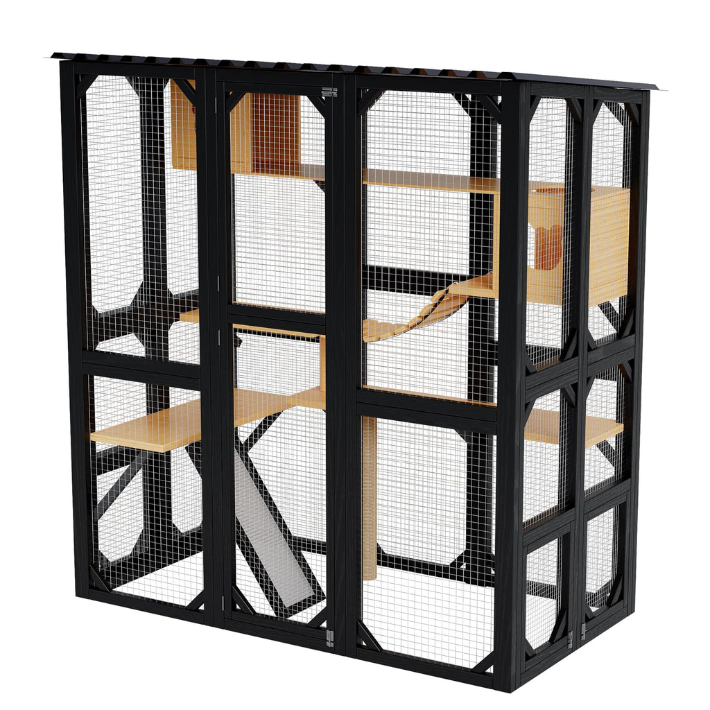 Garvee Outdoor Catio For Indoor Cats, Weatherproof Wooden Kitty Enclosure With Elevated Platform, Yard And Patio Use, Black