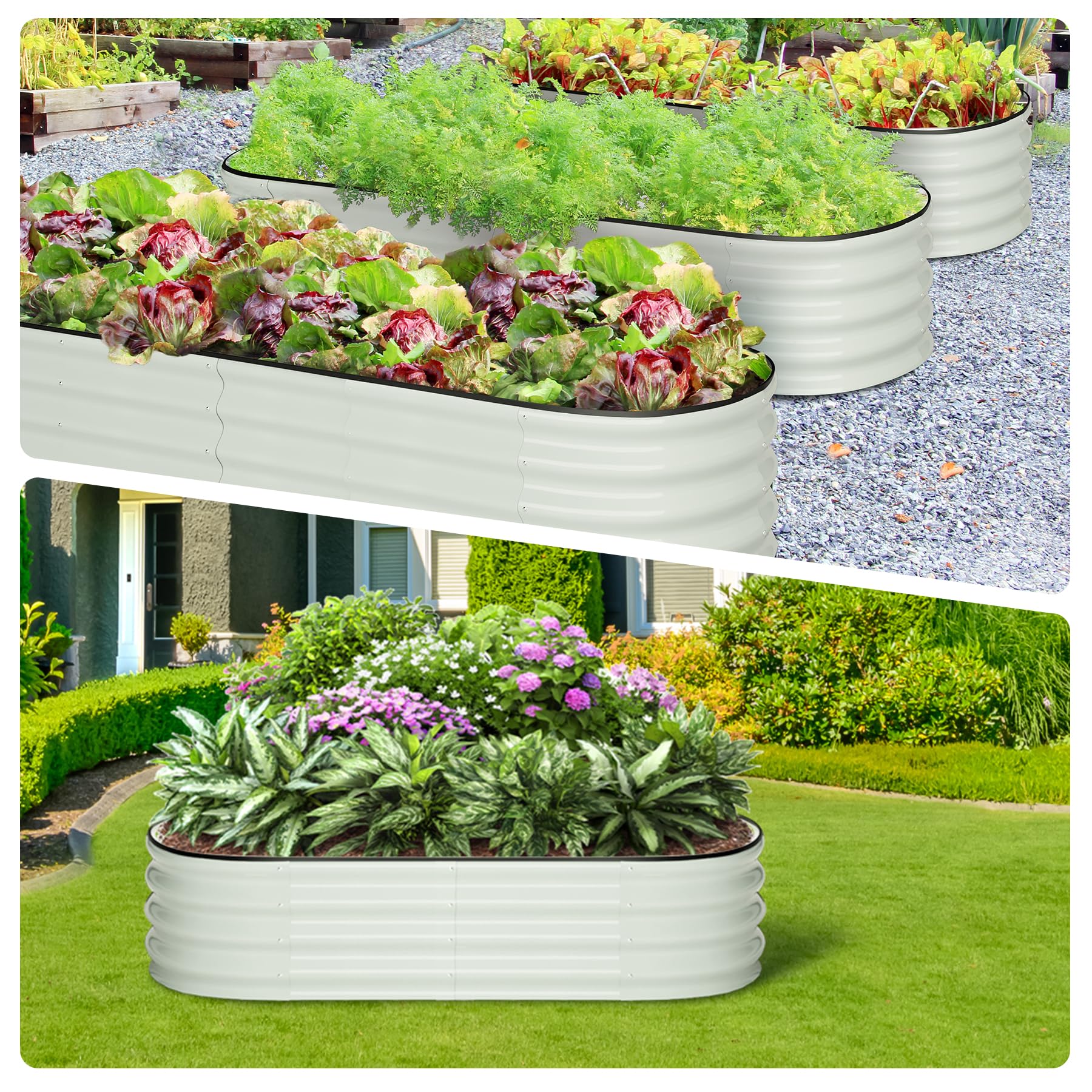 Garvee 2 Pcs 4.5' X 2' X 1' Galvanized Raised Garden Bed Outdoor,Planters for Outdoor Plants,Open-Ended Base Planter Raised Boxes,Oval Metal Planter Box for Vegetables, Flowers, Fruits,Rubber Edge, White