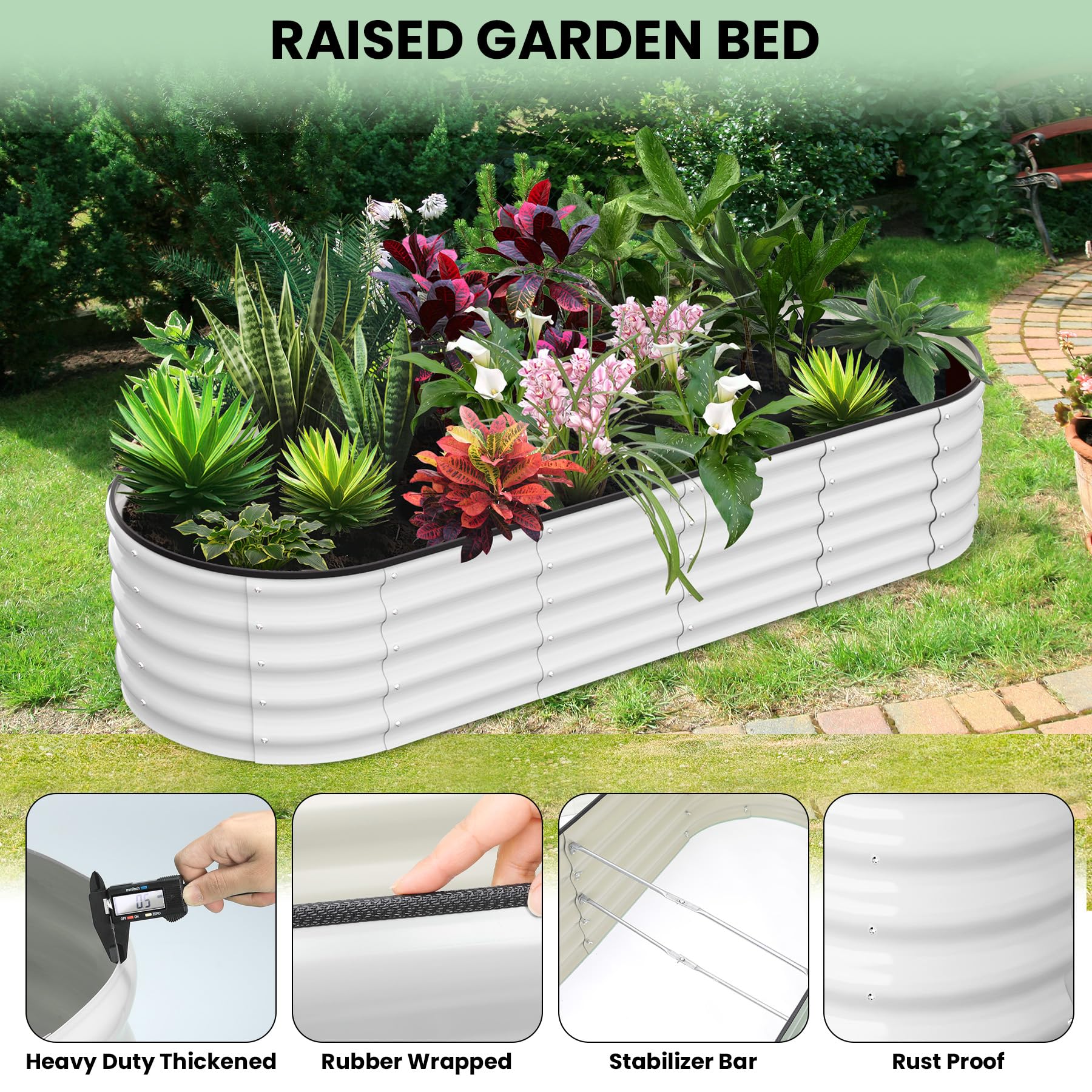 Garvee 8' X 2' X 1' Galvanized Raised Beds for Outdoor, Oval Raised Garden Bed with Open Base, Tool-Free Assembly Planter Raised Boxes for Outdoor Vegetables & Flowers, White
