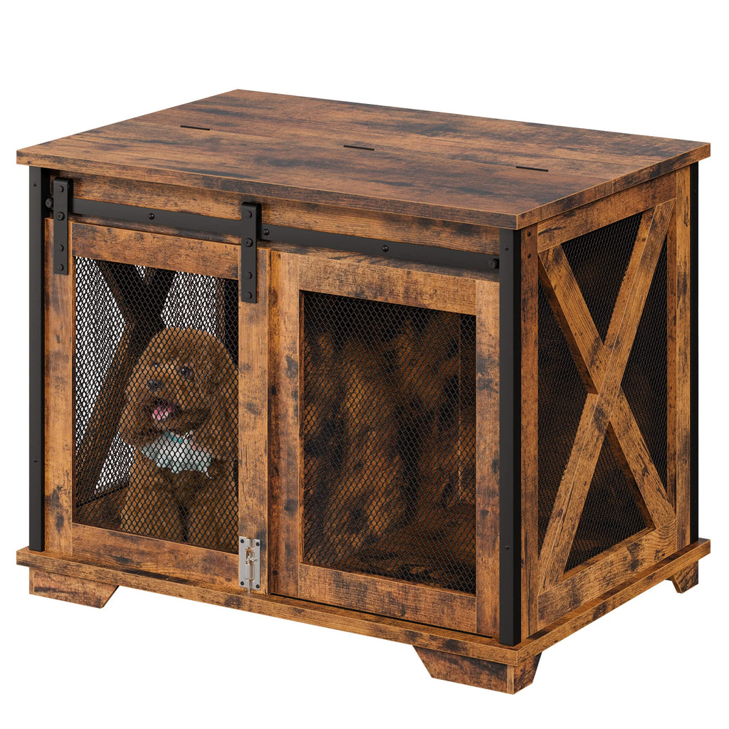 Garvee 37'' Dog Crate Furniture Side End Table with Flip Top and Movable Divider, Wooden Dog Crate Table Large, Style Dog Kennel Side End Table - Rustic Brown