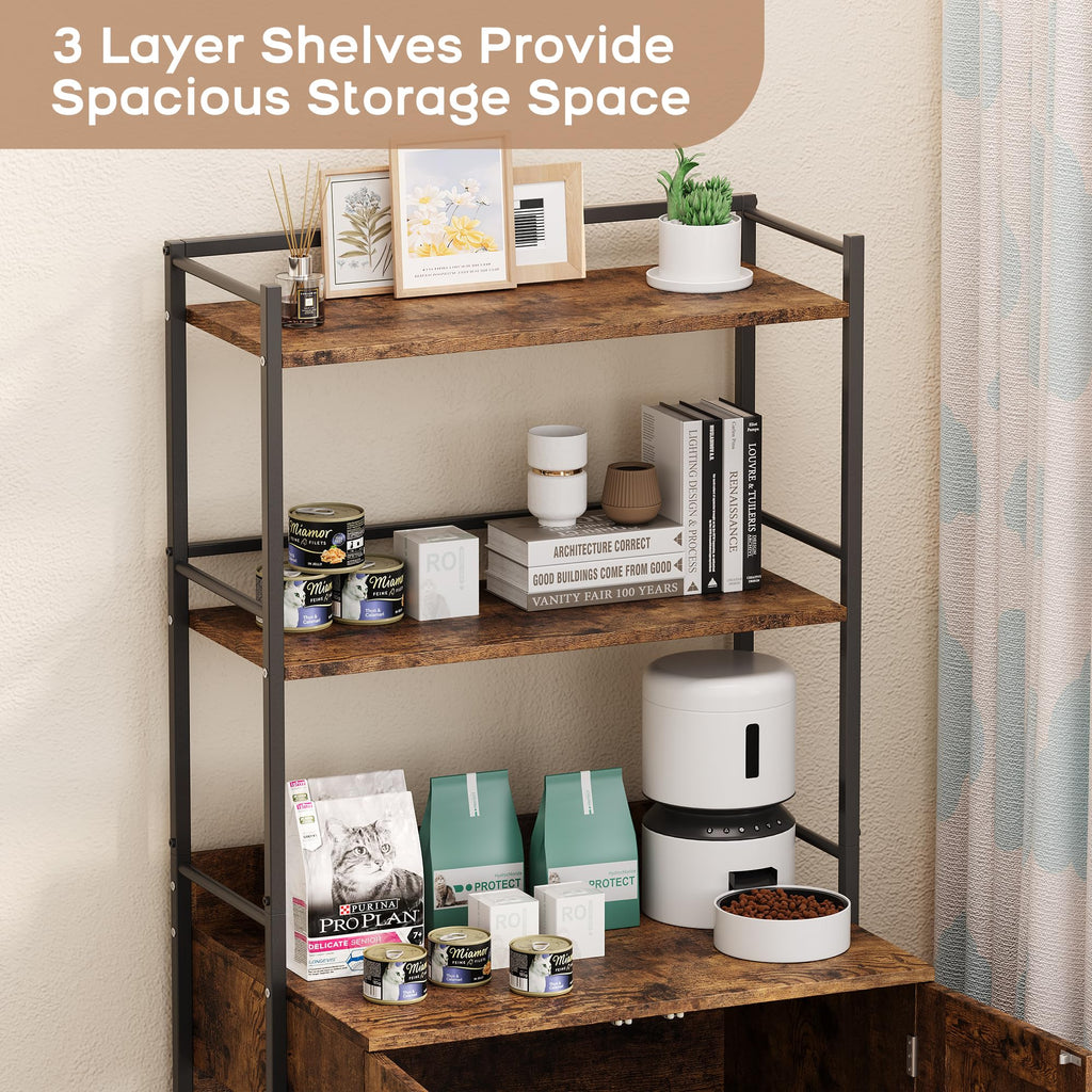Garvee Cat Litter Box Enclosure + Hidden Cat Washroom + MDF Panel + 3 Shelves + Door + Indoor Cat Cabinet + Brown