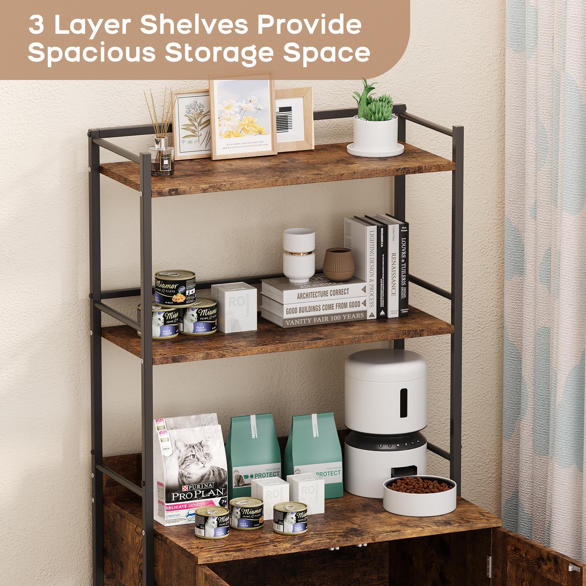 Garvee Cat Litter Box Enclosure + Hidden Cat Washroom + MDF Panel + 3 Shelves + Door + Indoor Cat Cabinet + Brown
