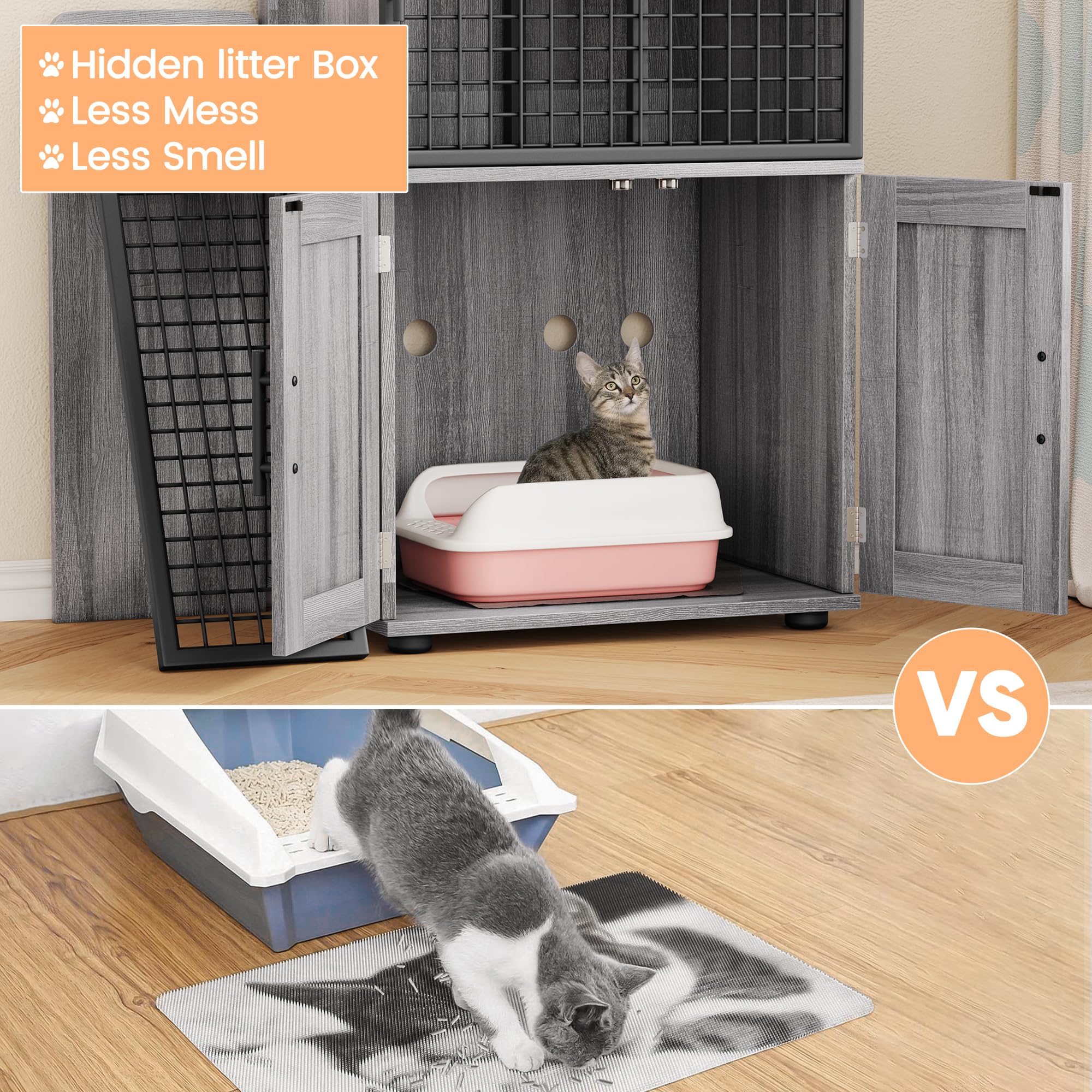 Garvee Modern Villa Cat Litter Box Enclosure + Hidden Furniture + Double Layer + MDF & Iron + Ladder & Ventilation + Indoor Use