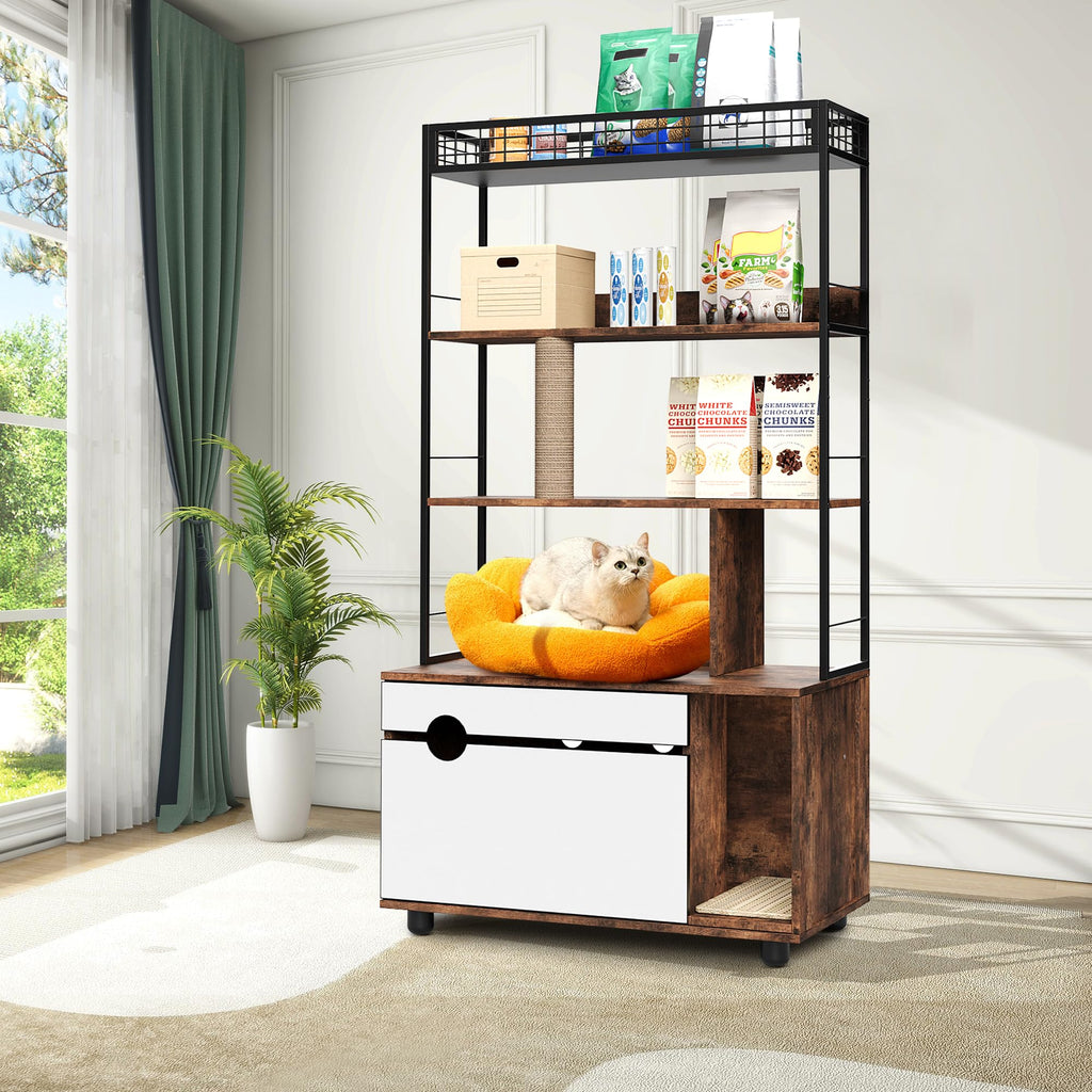 Garvee Hidden Litter Box Enclosure with Storage Rack & Cat Scratching Post Wood & Metal 2-in-1 Pets Furniture with Shelf Corridor Cushioned Mat