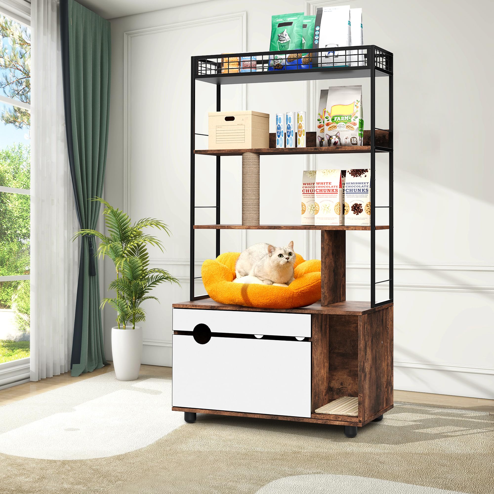 Garvee Hidden Litter Box Enclosure with Storage Rack & Cat Scratching Post Wood & Metal 2-in-1 Pets Furniture with Shelf Corridor Cushioned Mat