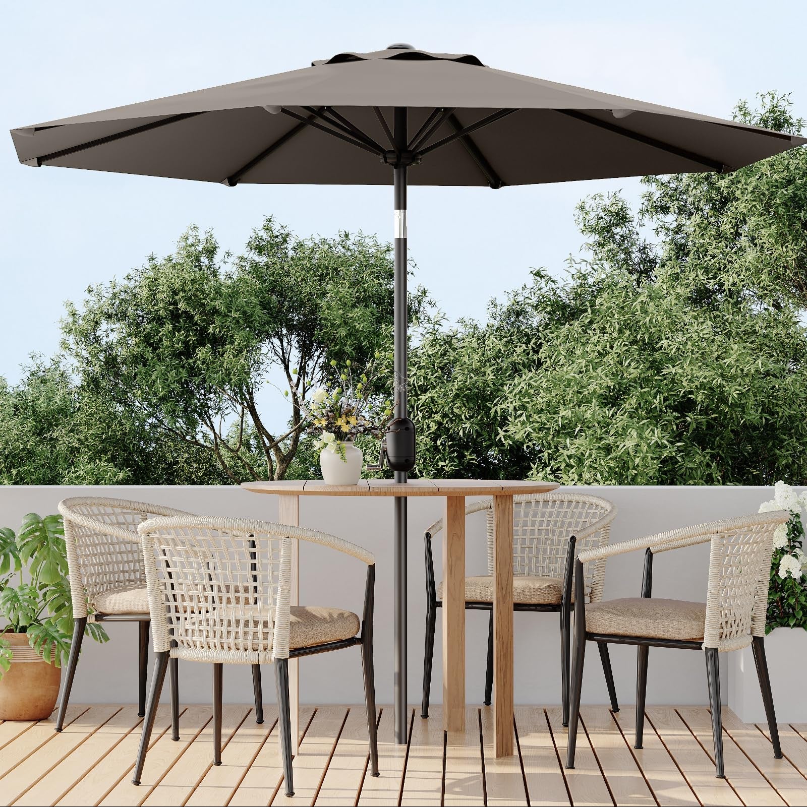 Garvee 9 ft Outdoor Patio Umbrella with 8 Sturdy Ribs, Crank Lift, Push-Button Tilt & UV-Resistant Waterproof Canopy for Pool, Deck, Yard & Garden, Taupe