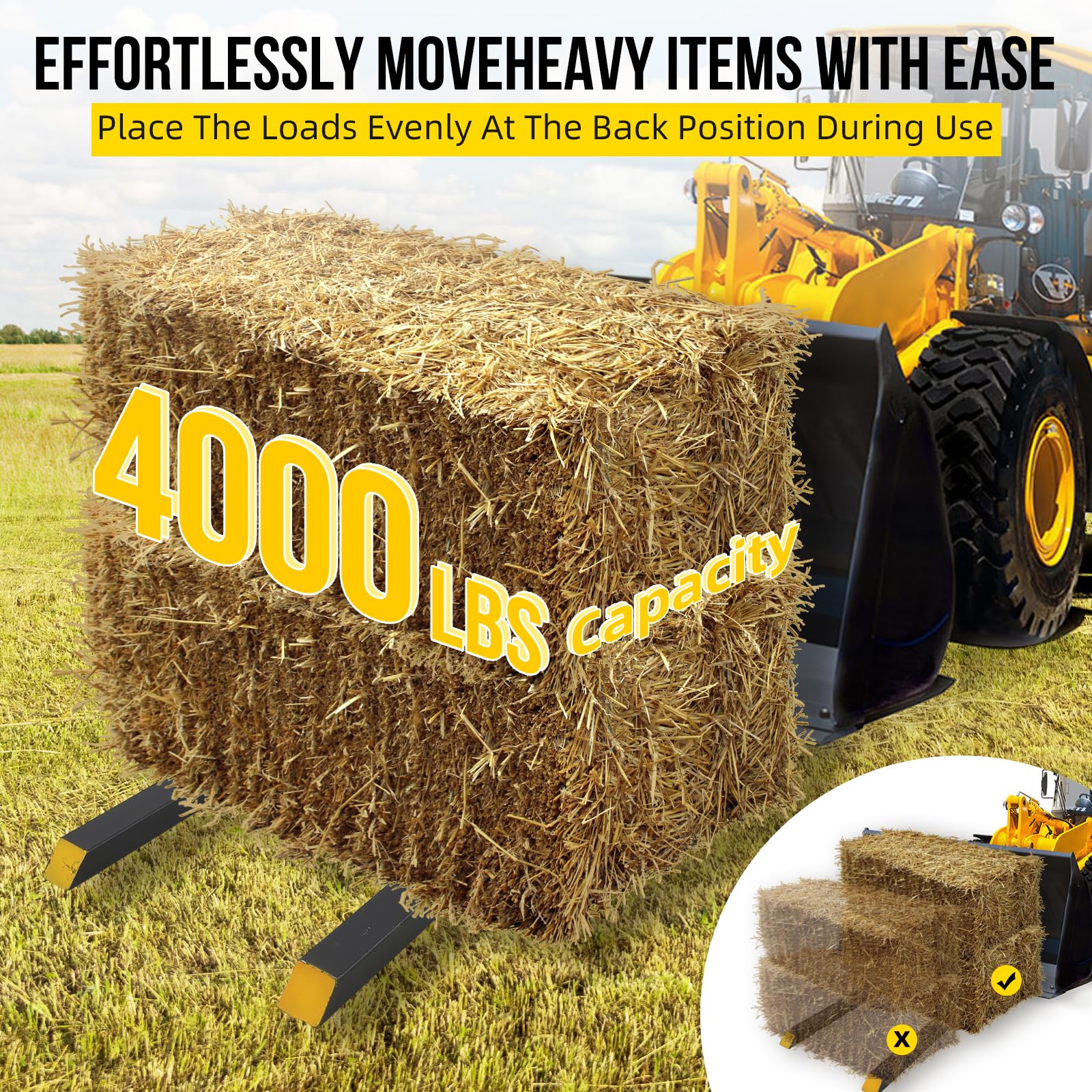 Garvee 60" 4000lbs Clamp on Pallet Forks Heavy Duty Tractor Forks with Adjustable Stabilizer Bar Quick Attach Pallet Fork for Bucket Tractor Loader Skid Steer