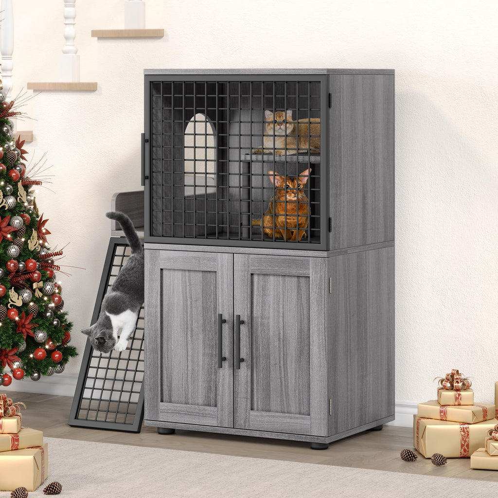 Garvee Modern Villa Cat Litter Box Enclosure + Hidden Furniture + Double Layer + MDF & Iron + Ladder & Ventilation + Indoor Use