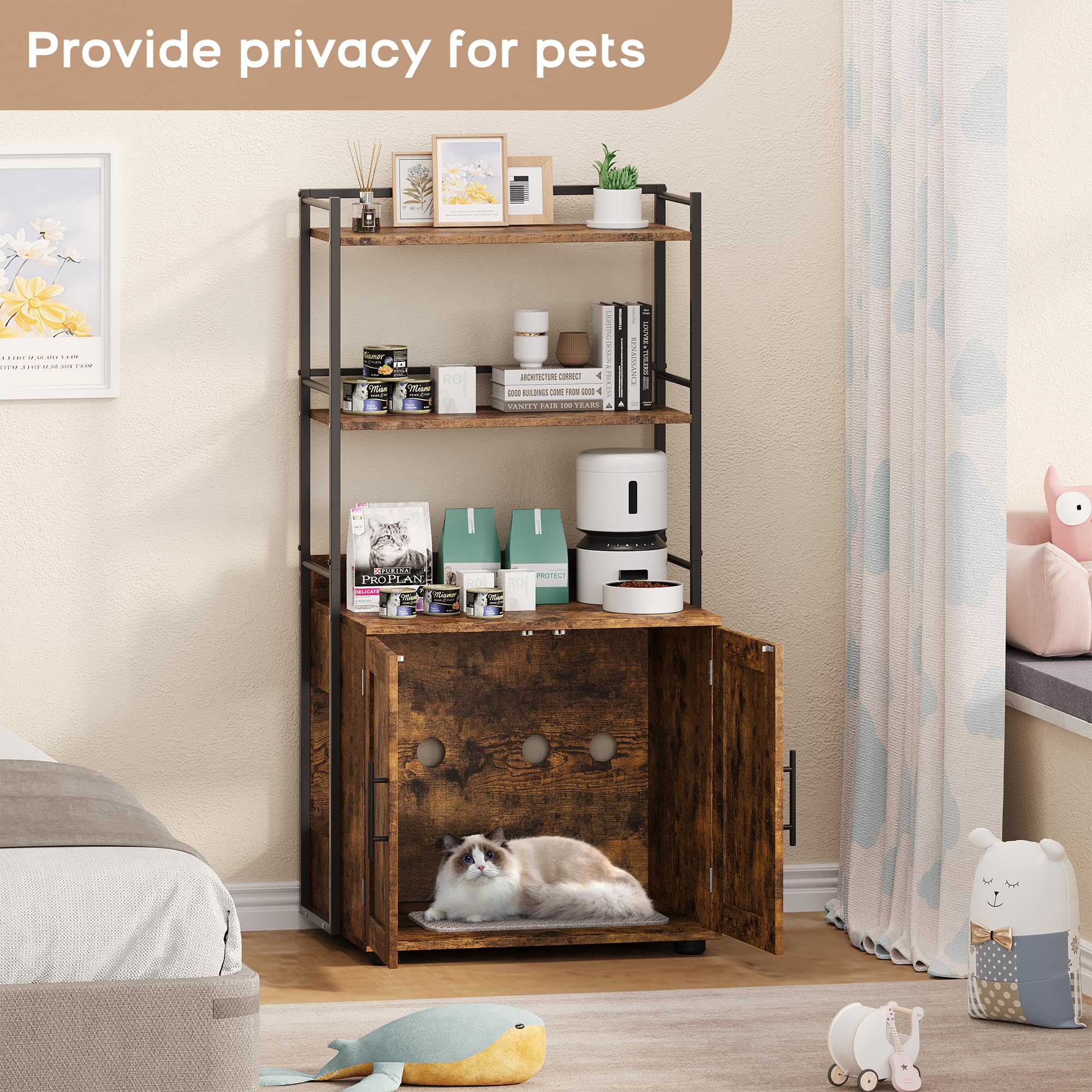 Garvee Cat Litter Box Enclosure + Hidden Cat Washroom + MDF Panel + 3 Shelves + Door + Indoor Cat Cabinet + Brown