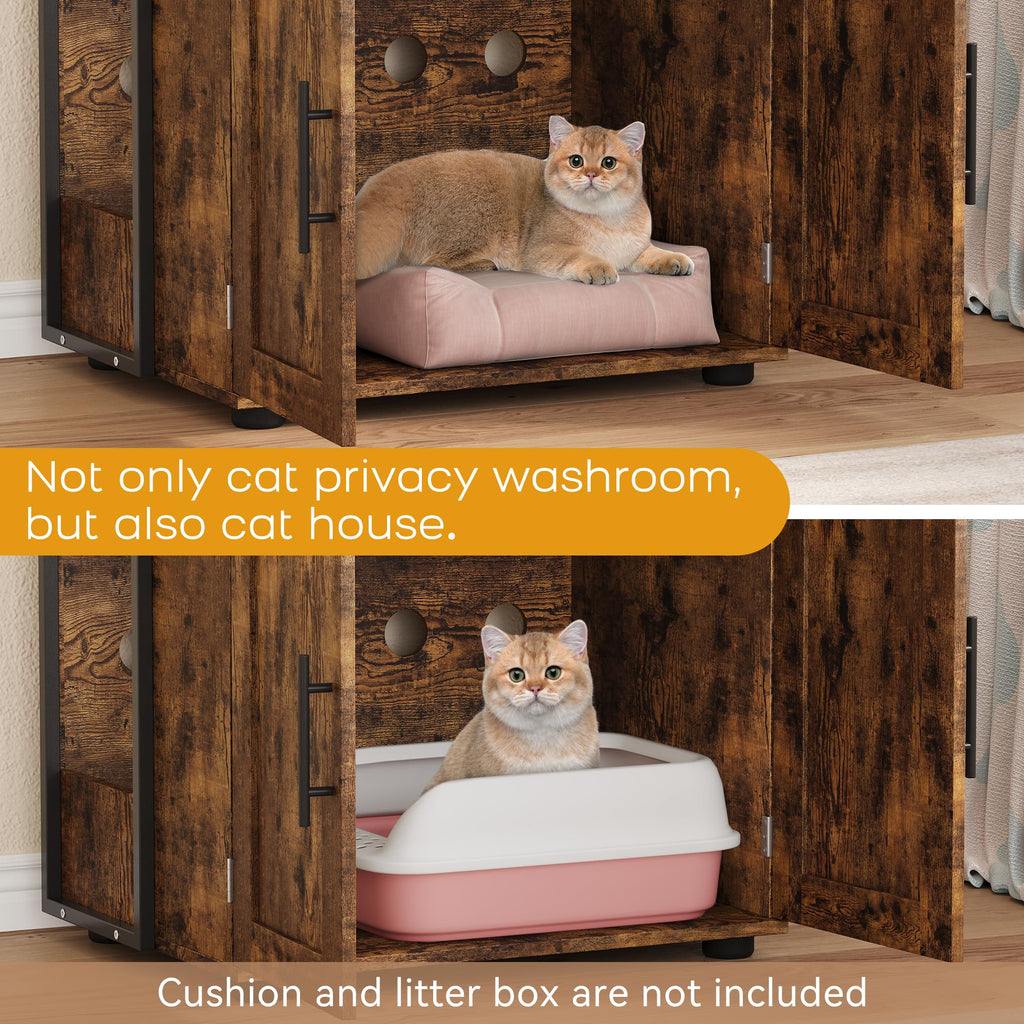 Garvee Cat Litter Box Enclosure + Hidden Cat Washroom + MDF Panel + 3 Shelves + Door + Indoor Cat Cabinet + Brown