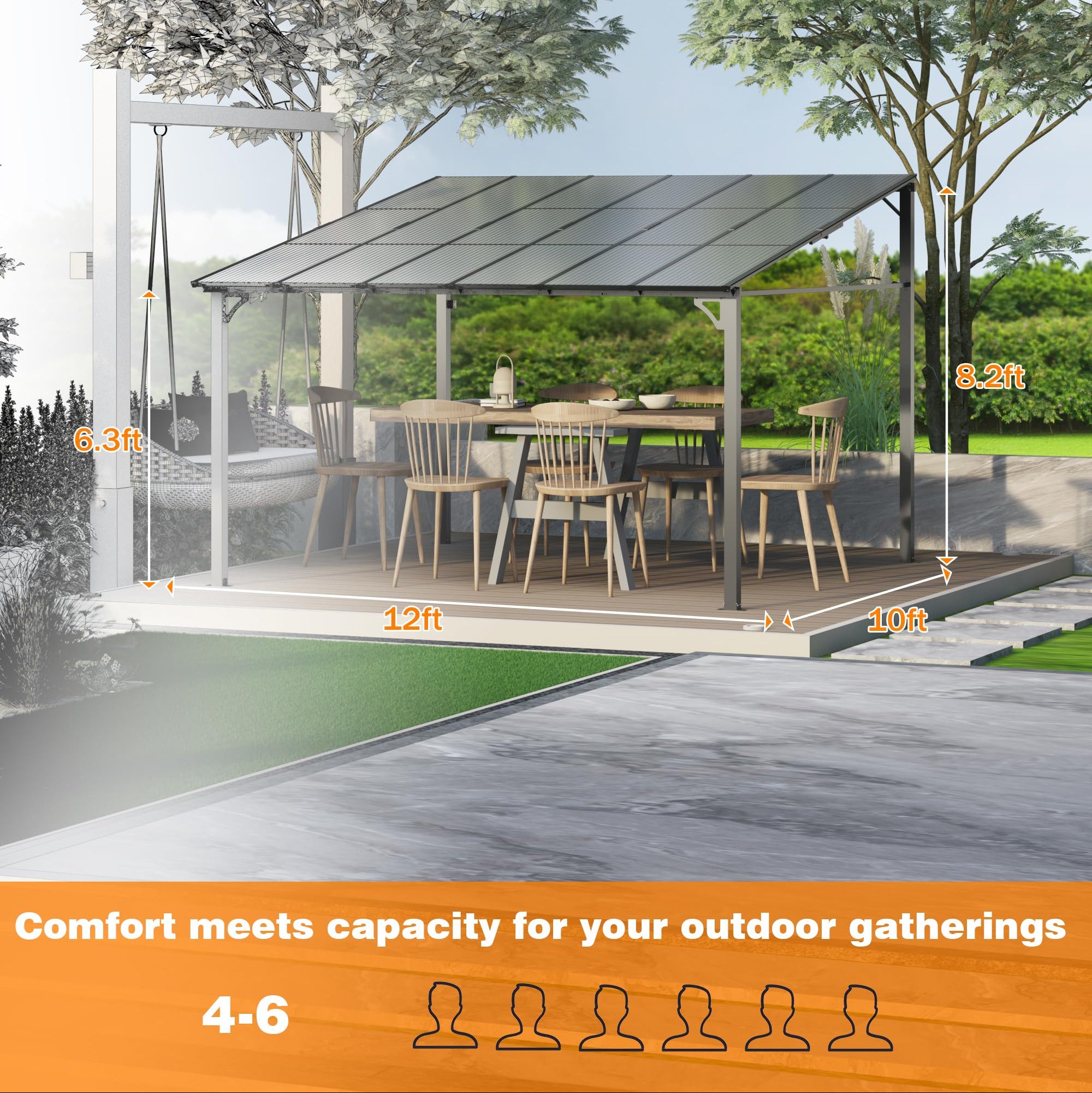 Garvee 10'x12' Lean-To Hardtop Gazebo - Aluminum Frame Wall Pergola for Patio & Lawn, Space-Saving Outdoor Shelter Grey