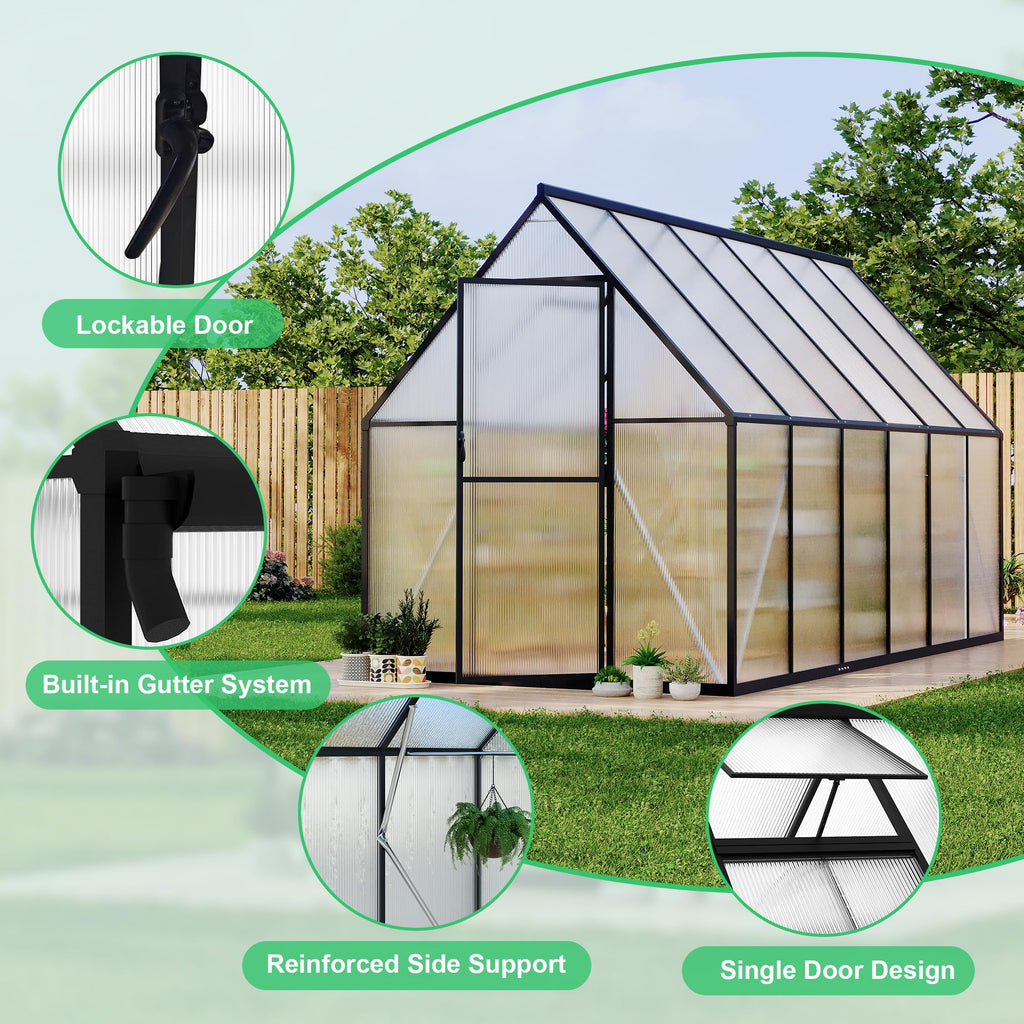 Garvee 6'x11' Aluminum-Framed Polycarbonate Greenhouse, Heavy Duty Polycarbonate Greenhouse With Quick Setup Structure and Roof Vent, Large Enhanced Aluminum GreenhouseKit for Outdoors