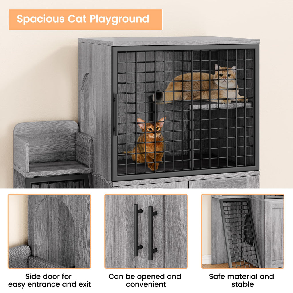 Garvee Modern Villa Cat Litter Box Enclosure + Hidden Furniture + Double Layer + MDF & Iron + Ladder & Ventilation + Indoor Use