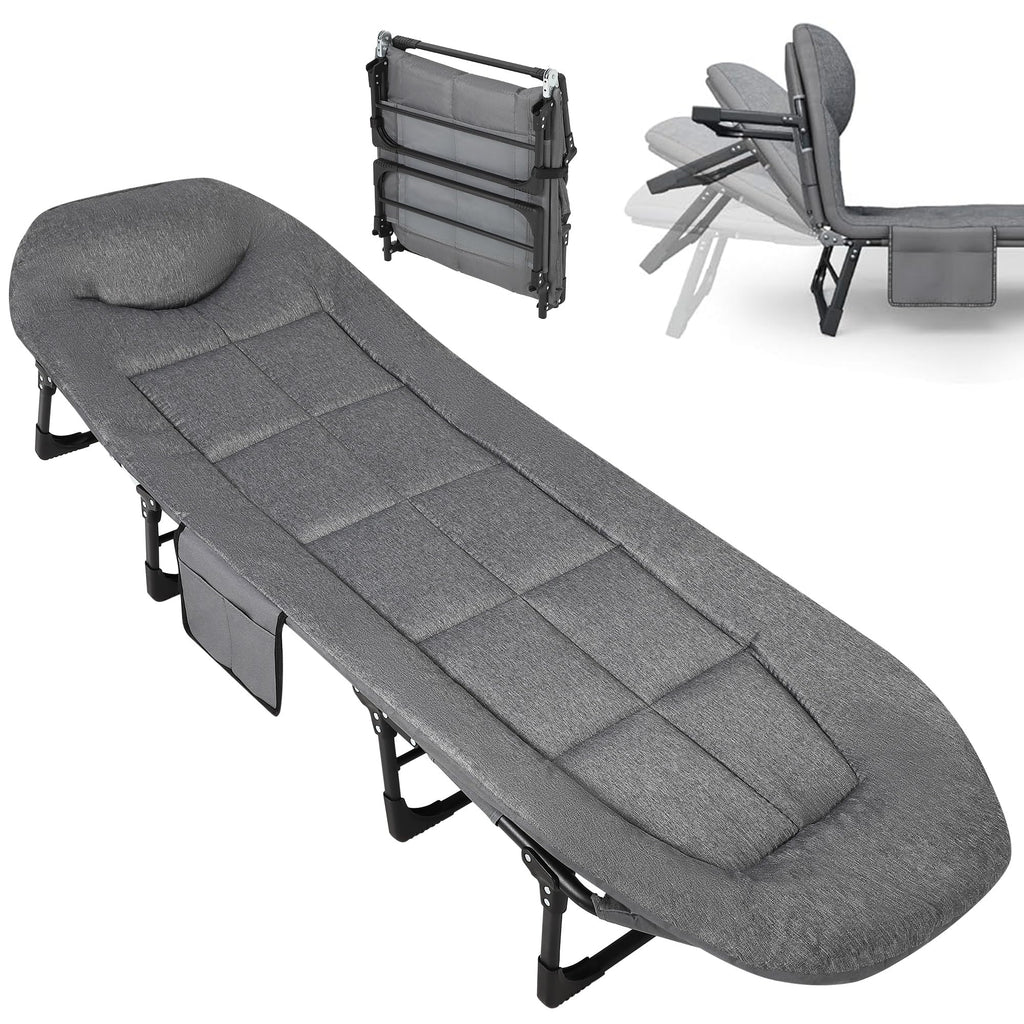Garvee 75" Portable Folding Bed with Cushion and Pillow, Camping Cot for Adults, Lightweight, Grey, 500 Lbs Support