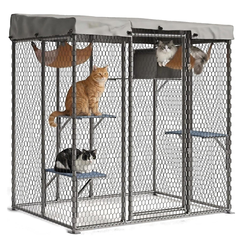 Garvee Large Outdoor Cat House Catio, Walk-In Metal Enclosure with 4 Platforms, Hammock, Weatherproof Canopy, Resting Condo, Spacious Shelter for Multiple Cats, Patio/Yard Use – Size JYCC-X200