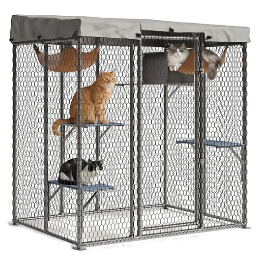 Garvee Large Outdoor Cat House Catio, Walk-In Metal Enclosure with 4 Platforms, Hammock, Weatherproof Canopy, Resting Condo, Spacious Shelter for Multiple Cats, Patio/Yard Use – Size JYCC-X200