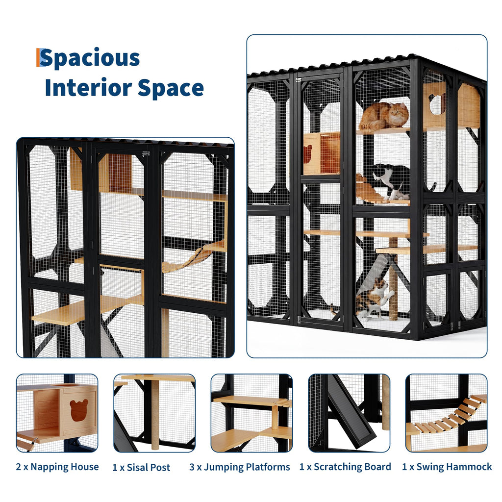 Garvee Outdoor Catio For Indoor Cats, Weatherproof Wooden Kitty Enclosure With Elevated Platform, Yard And Patio Use, Black