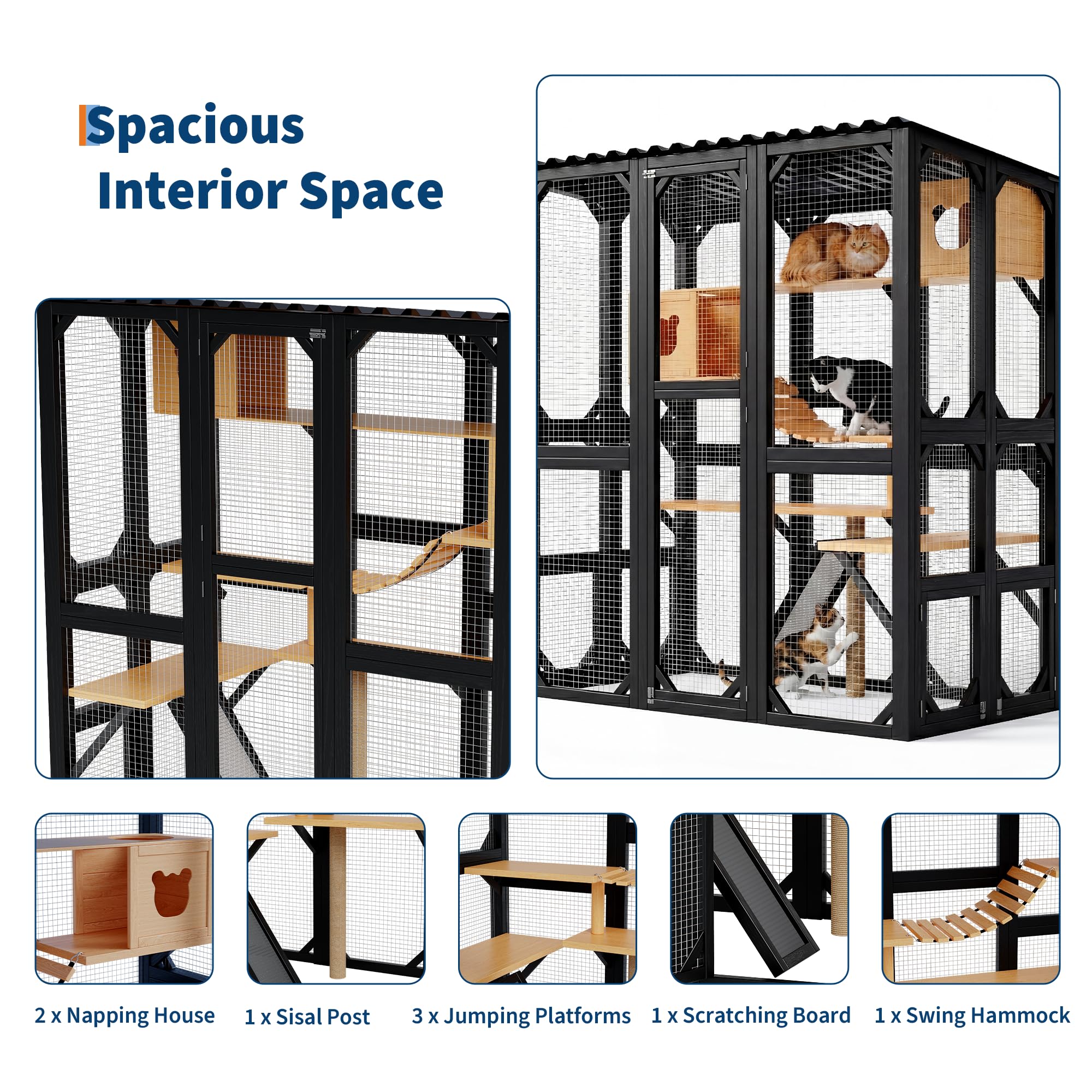Garvee Outdoor Catio For Indoor Cats, Weatherproof Wooden Kitty Enclosure With Elevated Platform, Yard And Patio Use, Black