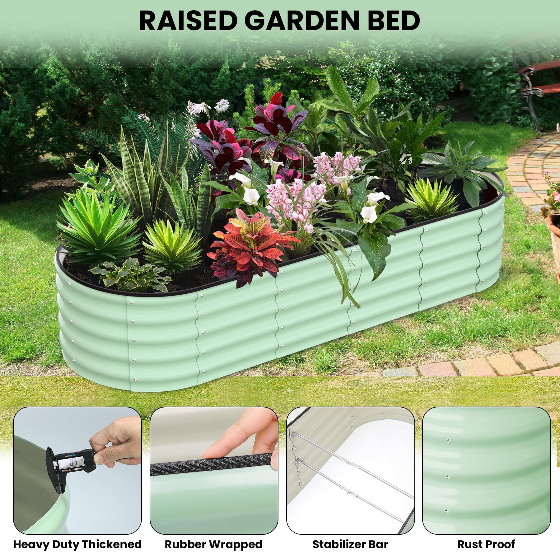Garvee 8' X 2' X 1' Galvanized Raised Beds for Outdoor, Oval Raised Garden Bed with Open Base, Tool-Free Assembly Planter Raised Boxes for Outdoor Vegetables & Flowers, Green