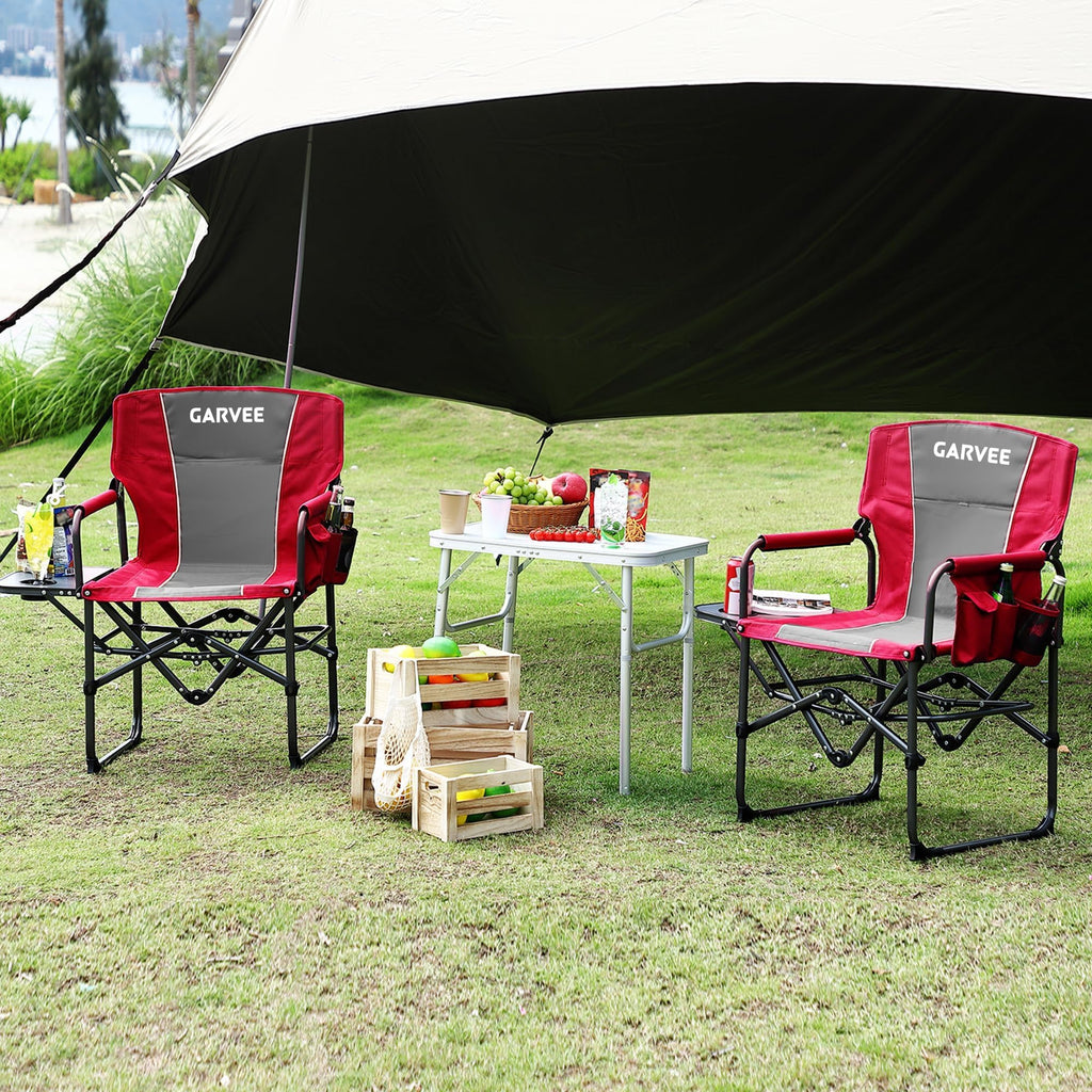 Garvee Oversized Directors Camping Chair with Side Table, Heavy Duty Portable Folding Chair for Adults, Supports 400 lbs, Red, 2 PCS