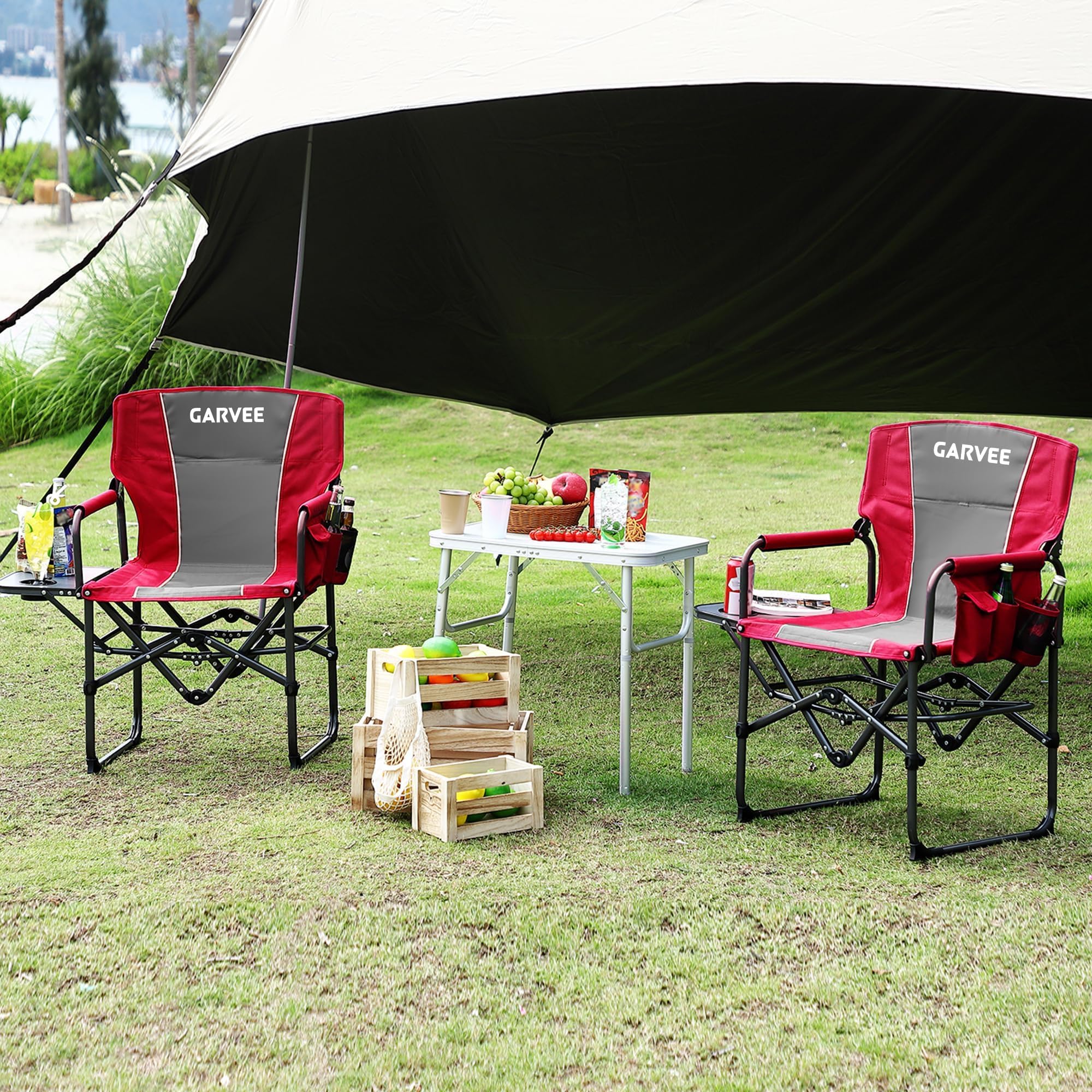 Garvee Oversized Directors Camping Chair with Side Table, Heavy Duty Portable Folding Chair for Adults, Supports 400 lbs, Red, 2 PCS