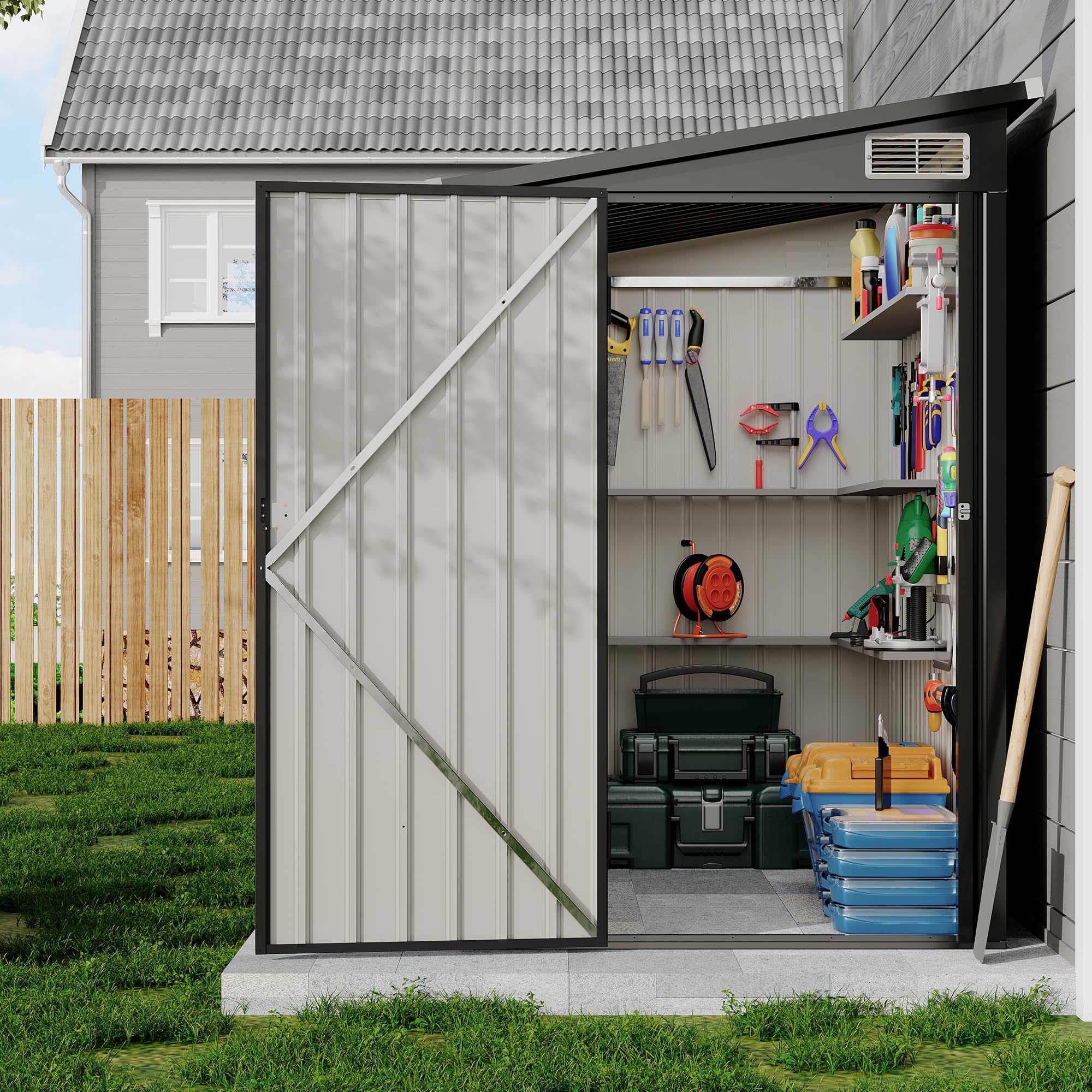 Garvee 4x8ft Metal Outdoor Lean-To Storage Shed, Heavy-Duty Garden Utility Tool Shed with Metal Wall Side, Weather-Resistant & Durable