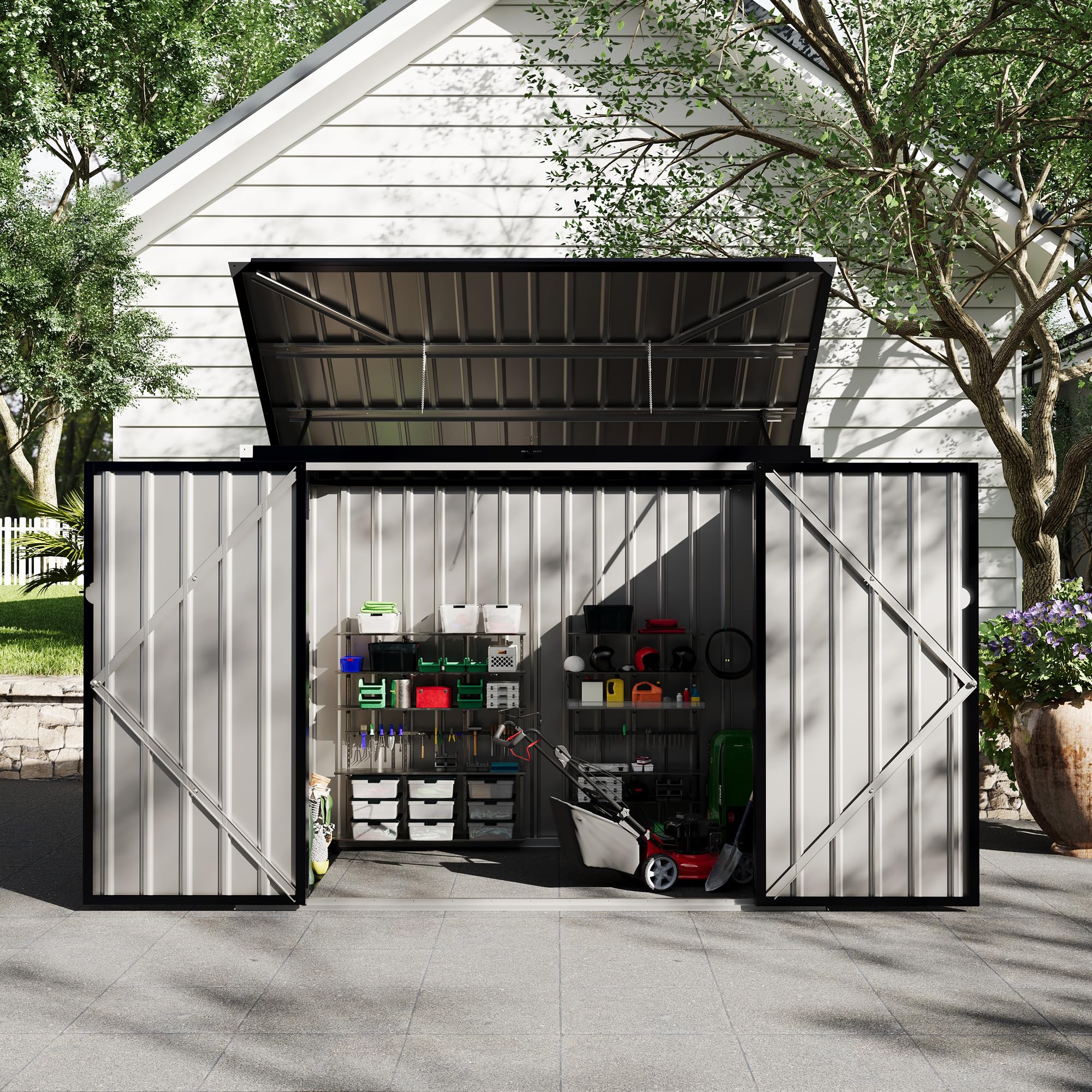 Garvee 3x6ft Metal Outdoor Storage Shed for 2 Trash Cans, Garbage Bin Storage with Chain Lid, Durable Garden, Backyard & Patio Shed