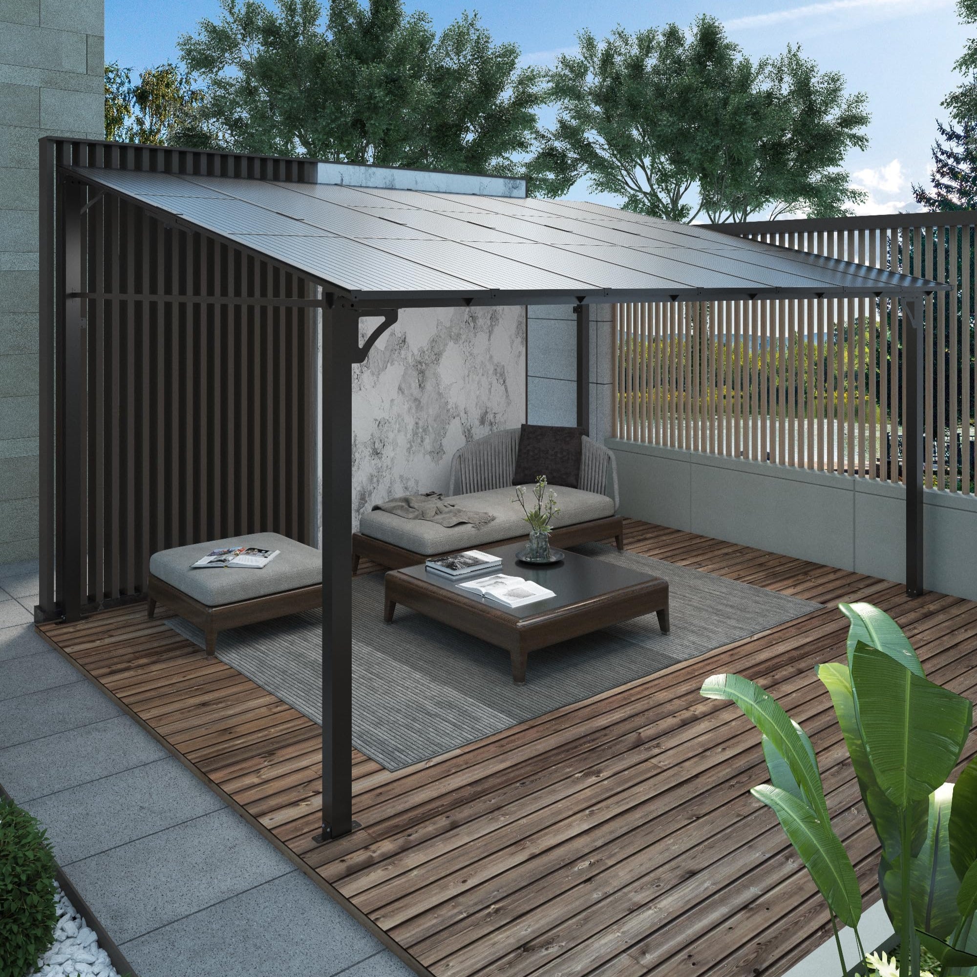 Garvee 12'x14' Lean To Gazebo Hardtop Wall Pergola with Polycarbonate Roof for Lawn Patio Deck and Party Space Efficient Aluminum Frame Grey