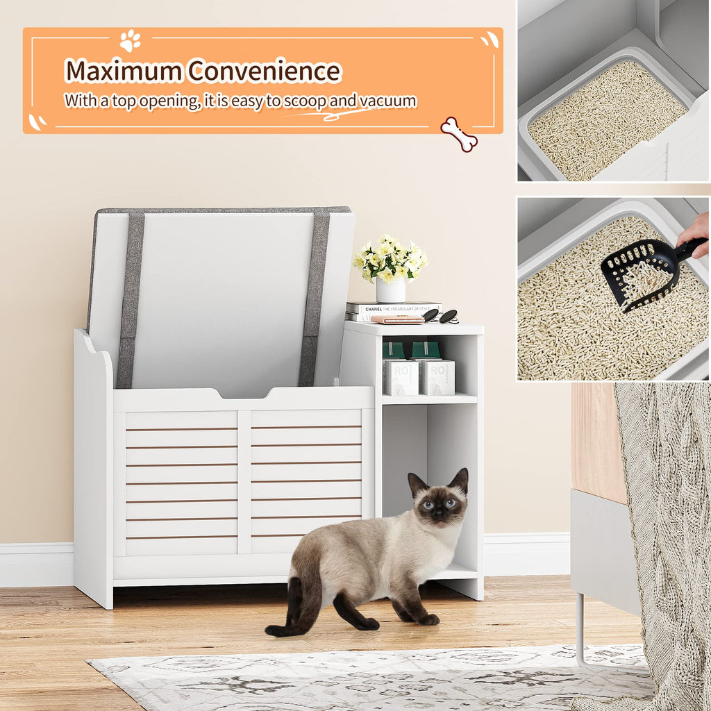 Garvee Cat Litter Box Enclosure with Cushion, Hidden Cat Litter Box Furniture, Cat Litter Box Furniture with Top Opening, Flip Top Litter Box Enclosure Cat House, White