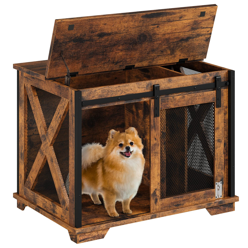 Garvee 37'' Dog Crate Furniture Side End Table with Flip Top and Movable Divider, Wooden Dog Crate Table Large, Style Dog Kennel Side End Table - Rustic Brown