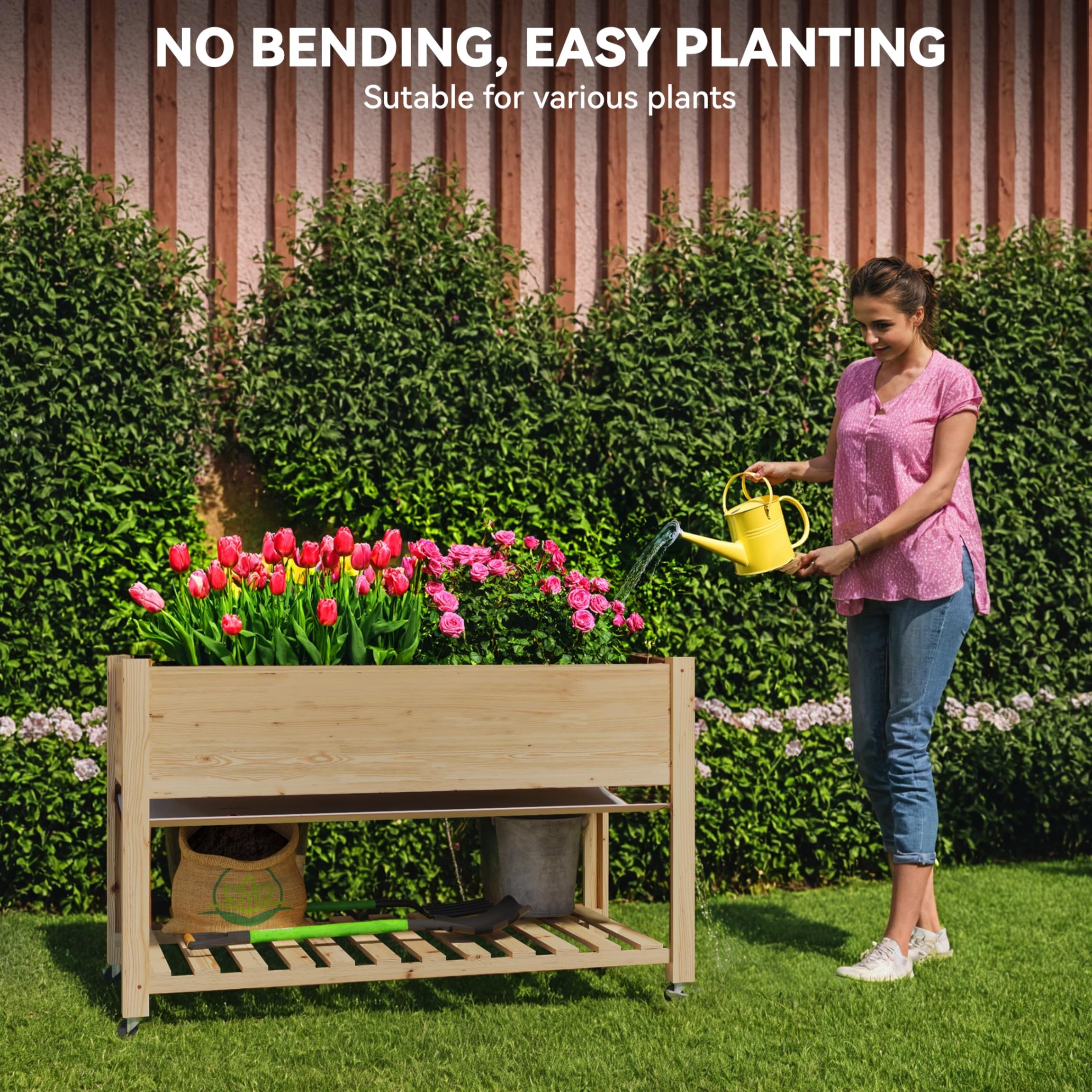 Garvee 48"x24" Cedar Raised Garden Bed with Locking Wheels Elevated 30" Deep Planter Box, Quick 30-Min Assembly for Herbs & Vegetables, Natural