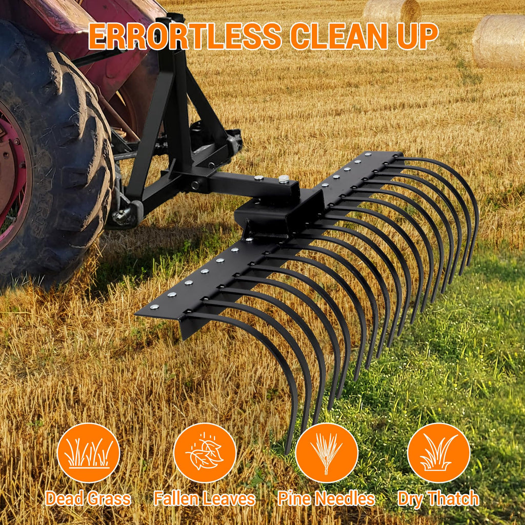 Garvee 49 Inch Landscape Rake Fits 2" Receiver for Tractor/ATV/UTV, Heavy Duty Rock Rake 17 Tines, Pine Straw Rake for Removal of Rock, Grass Clumps and Debris, Black