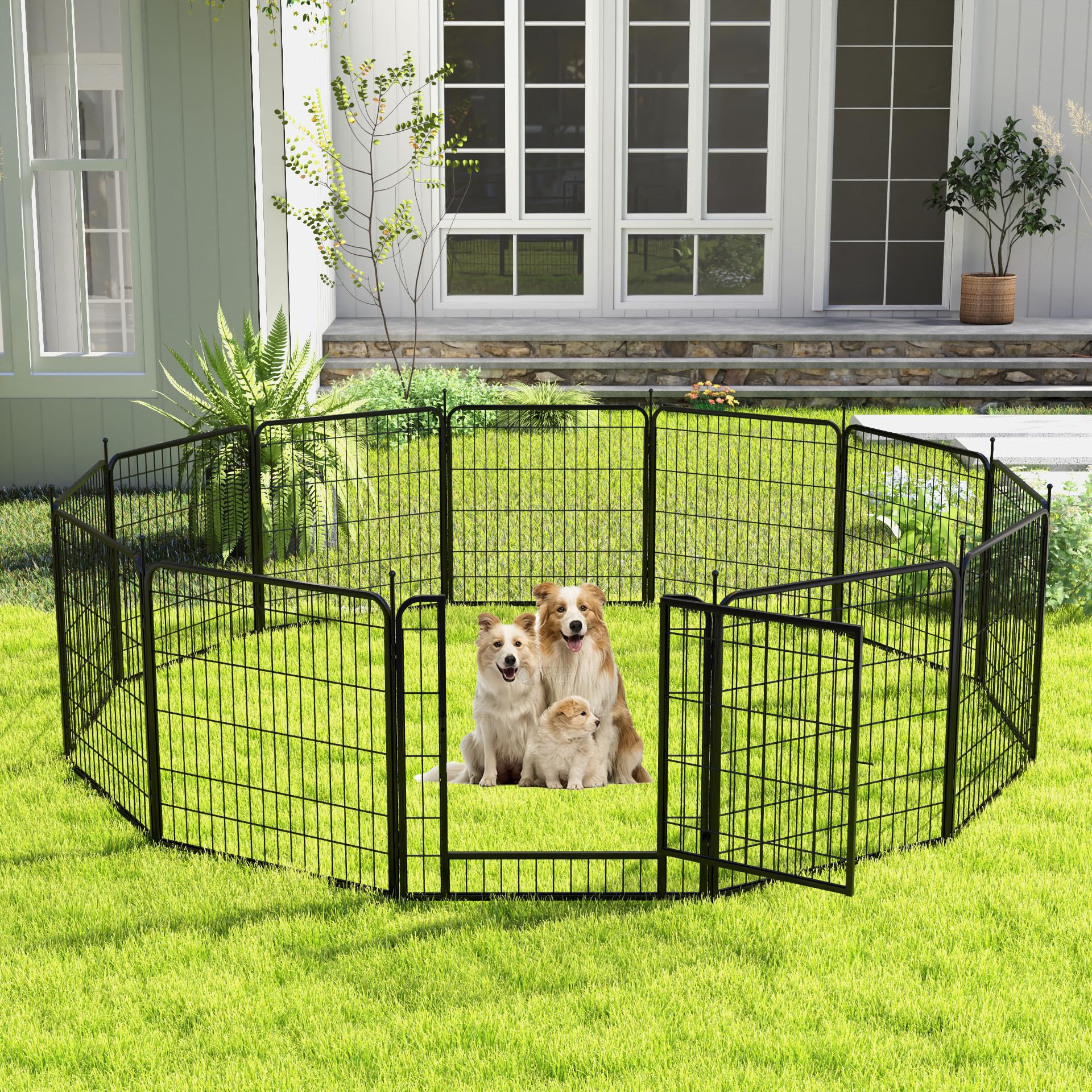 Garvee Dog Playpen 32" Height 8 Panels Pet Exercise Pen with Automatic Gravity Lock Doors, Portable Pet Play Yard Gate