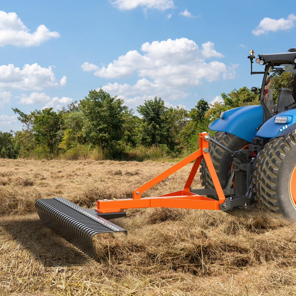 Garvee 3 Point 5 FT Landscape Rake, 60" Width 3 Point Rock Rake Tow-Behind Garden Tool for Compact Tractors, Fits Category 1 Hookup, 360 Degree Rotation Lawn Rake
