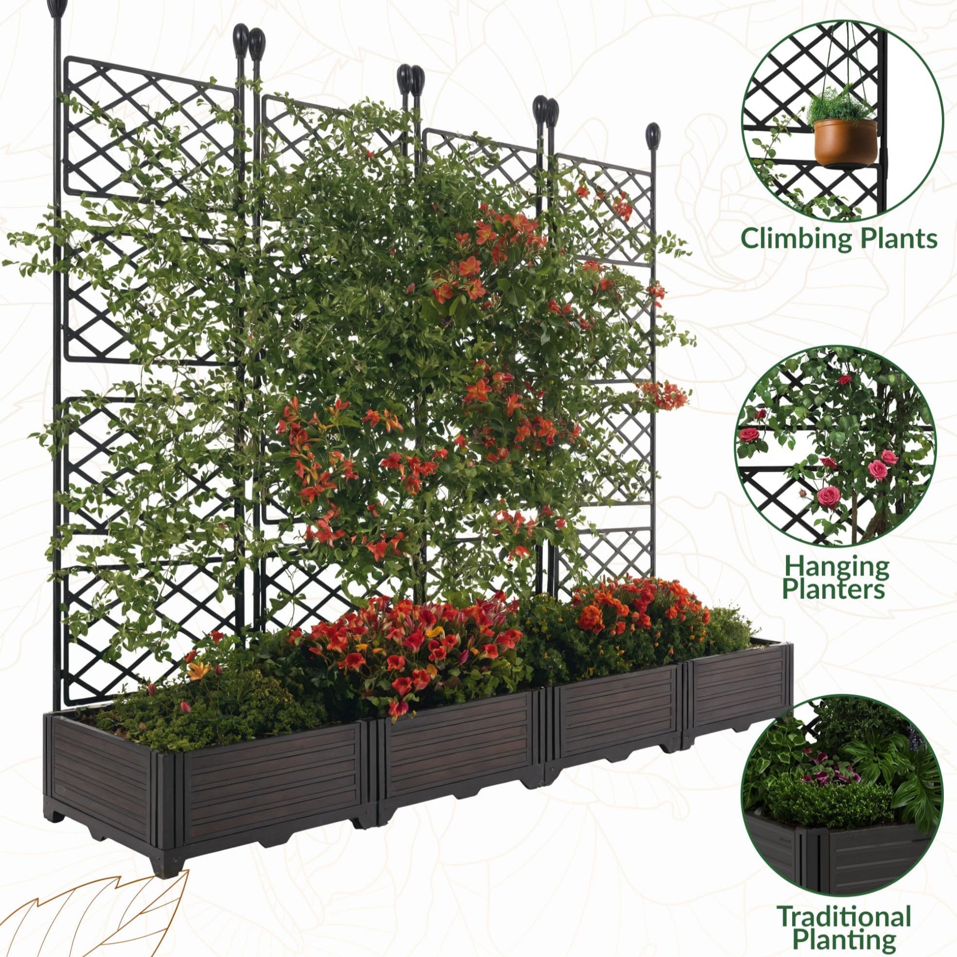 Garvee 4Pcs Plastic Plant Box with Metal Trellis, Raised Garden Bed with Trellis Planter for Climbing Plant Outdoor Raised Planter Box Privacy Screen for Patio Balcony,Planter Box for Backyard Patio