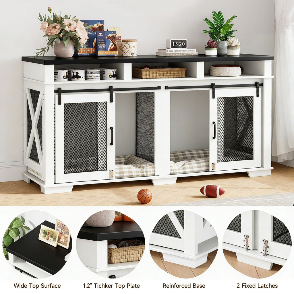 Garvee Dual-Panel Dog Crate Furniture, 71" Heavy Duty Dog Kennel Furniture with 3 Storages and Removable Divider, Double Dog Crate Table Indoor TV Stand for Large Medium Dogs, Black&White