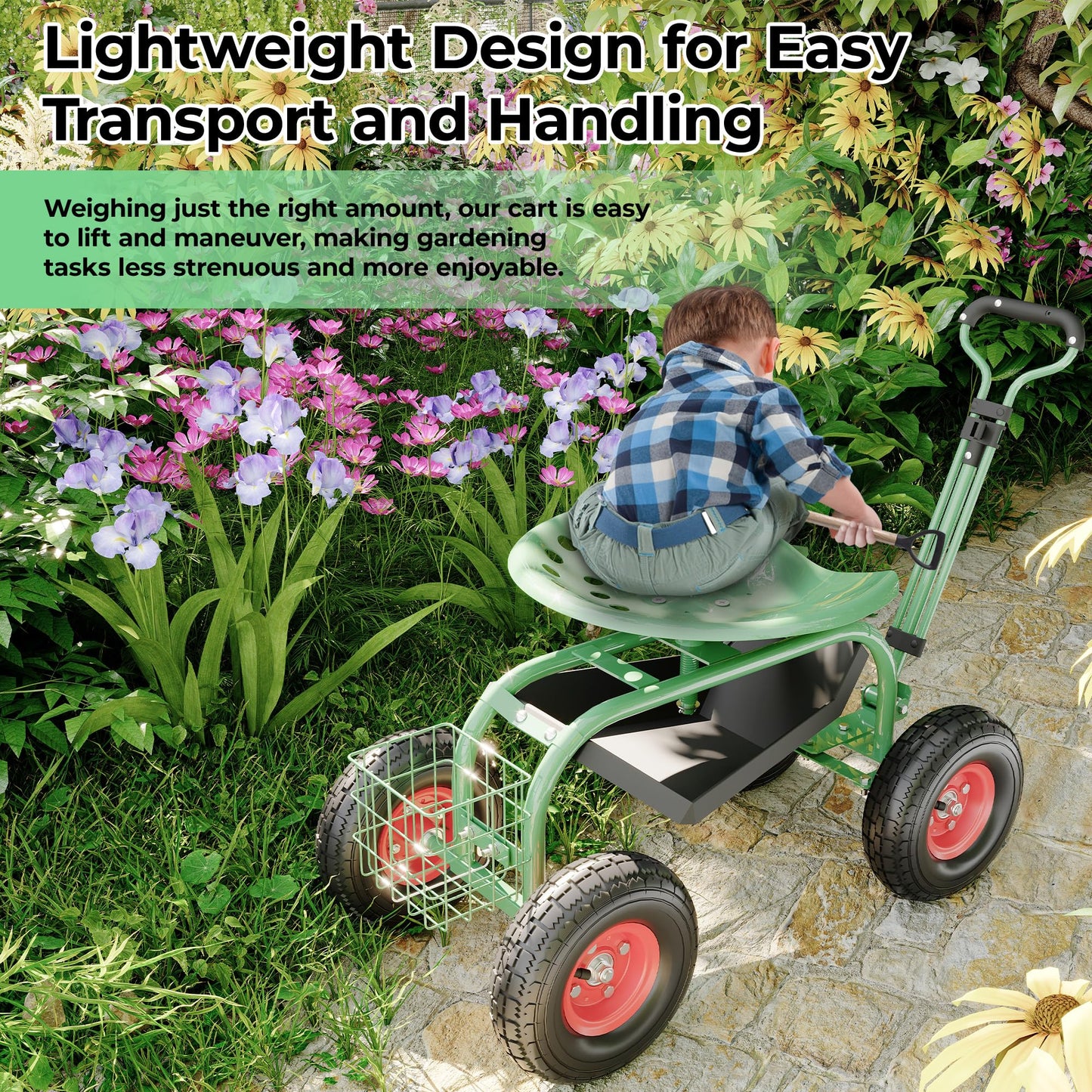Garvee 300 lbs Garden Cart  360° Swivel Adjustable Seat Yard Wagon for Gardening Enthusiasts