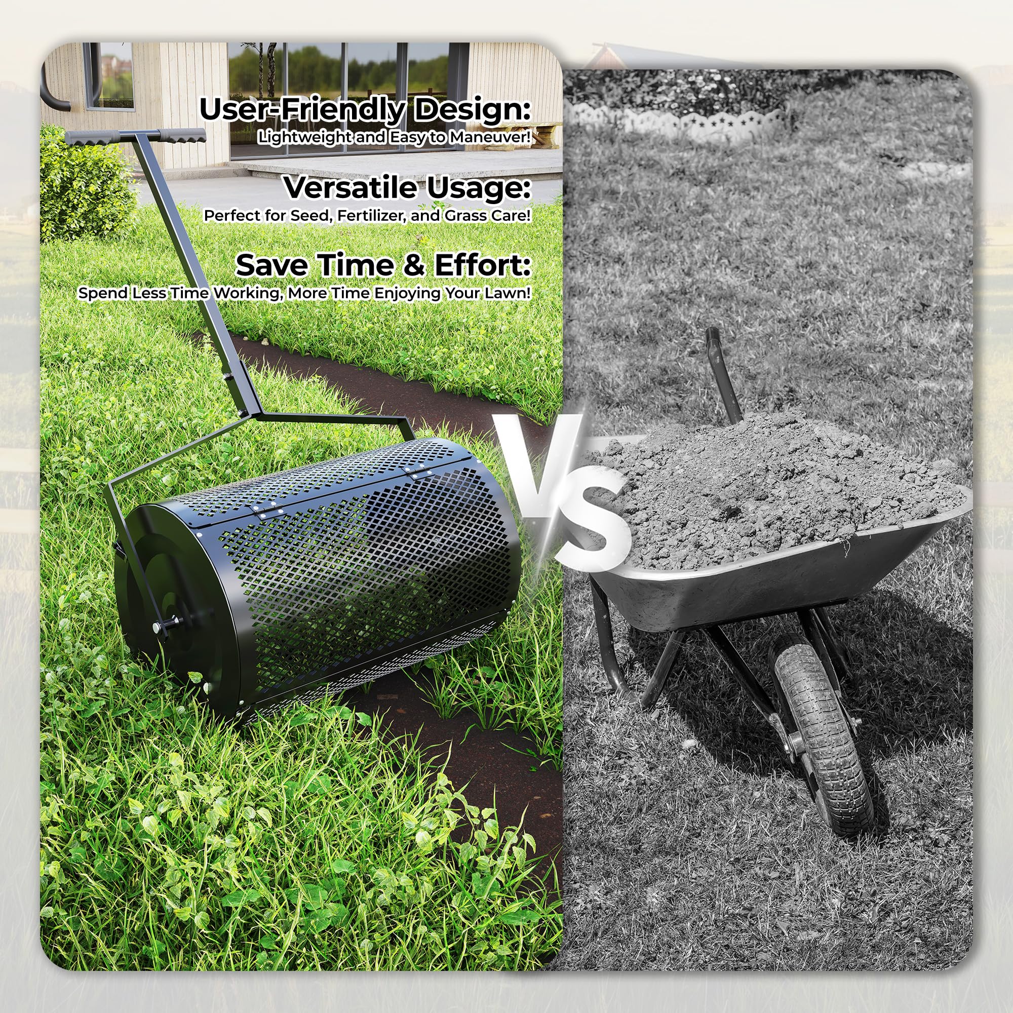 Garvee 24-Inch All-Season Lawn Spreader – Effortless Compost, Mulch & Soil Spreader with Smart-Dial Control for Homeowners & Landscapers – Heavy-Duty Galvanized Steel, Family-Friendly Design