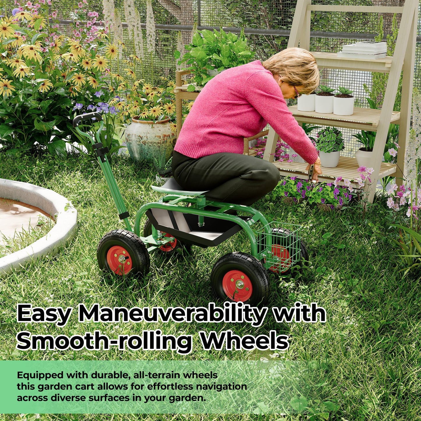 Garvee 300 lbs Garden Cart  360° Swivel Adjustable Seat Yard Wagon for Gardening Enthusiasts