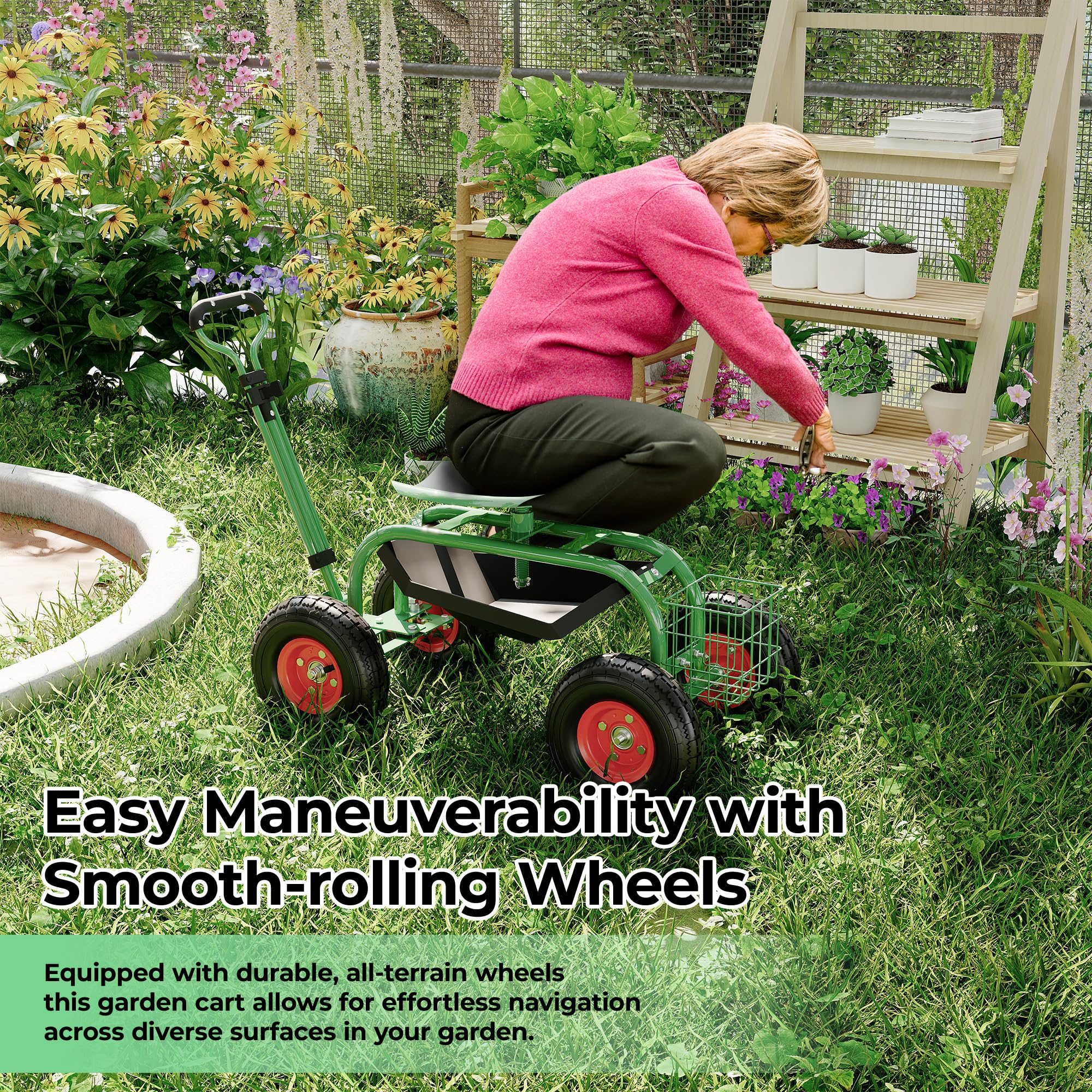 Garvee 300 lbs Garden Cart  360° Swivel Adjustable Seat Yard Wagon for Gardening Enthusiasts