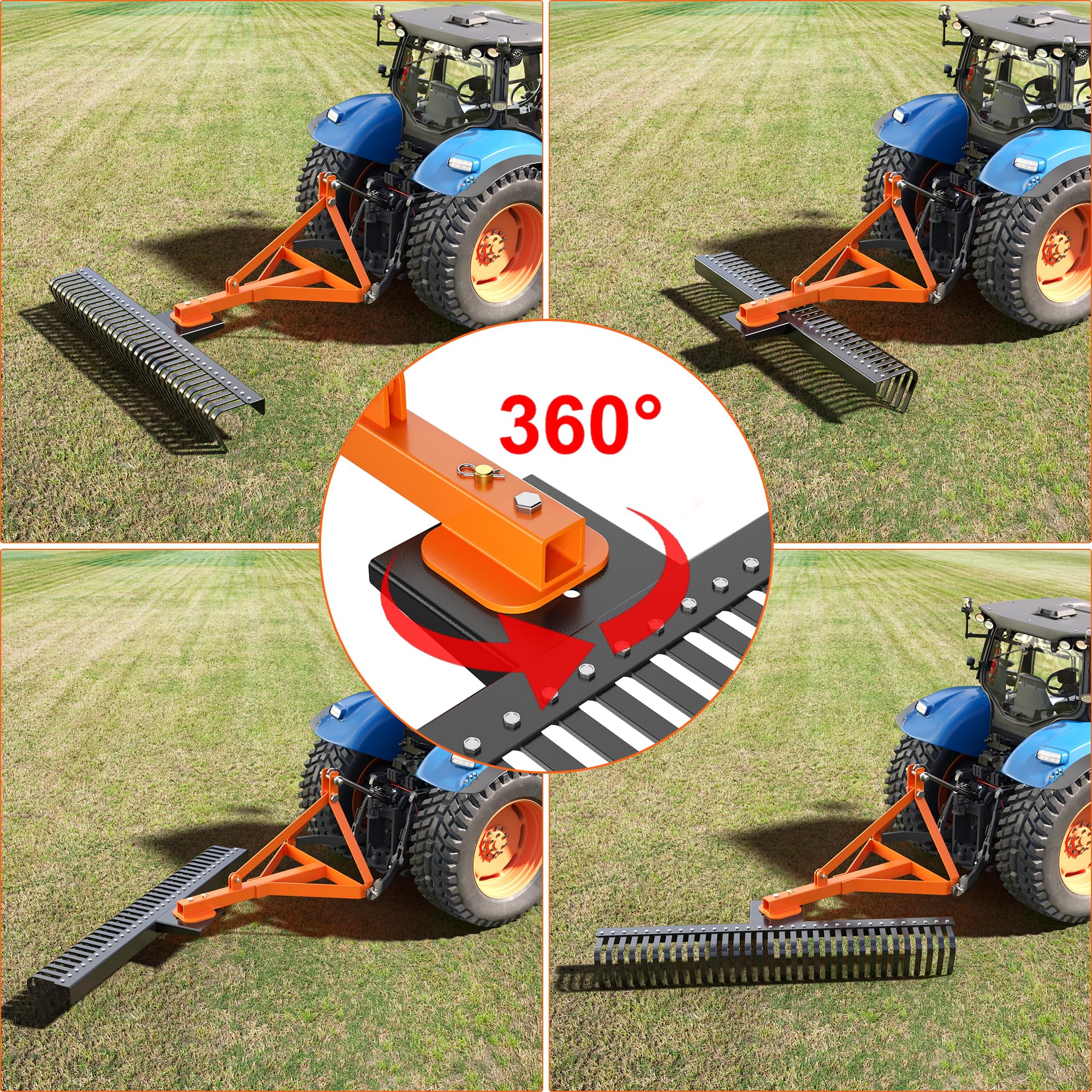 Garvee 3 Point 5 FT Landscape Rake, 60" Width 3 Point Rock Rake Tow-Behind Garden Tool for Compact Tractors, Fits Category 1 Hookup, 360 Degree Rotation Lawn Rake