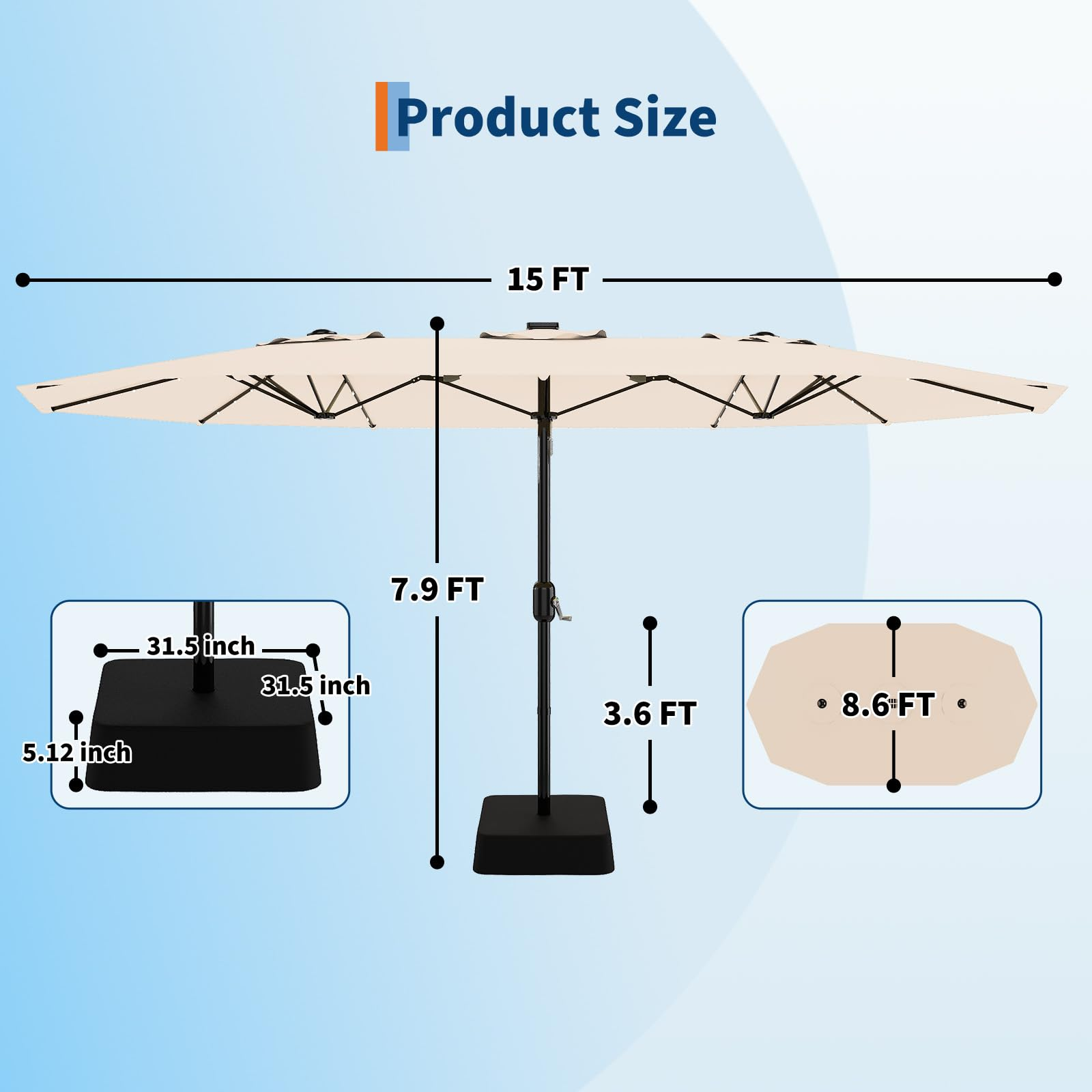 Garvee 15 x 9 ft Double-Sided Patio Umbrella with Base, UPF50+ Rectangular Outdoor Market Umbrella with Crank Lift, Beige
