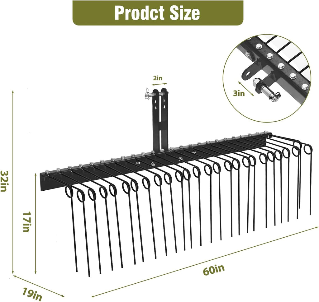 Garvee 60" Pine Straw Rake Updated Version - 8mm Tines, Steel Tow Behind for Cat 0/1 Tractors - Ideal for Leaves & Grass, Black